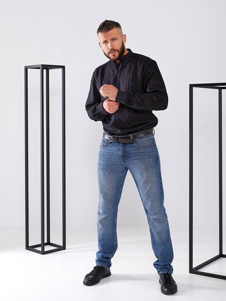 Black Linen Embroidered Vyshyvanka Shirt for Men