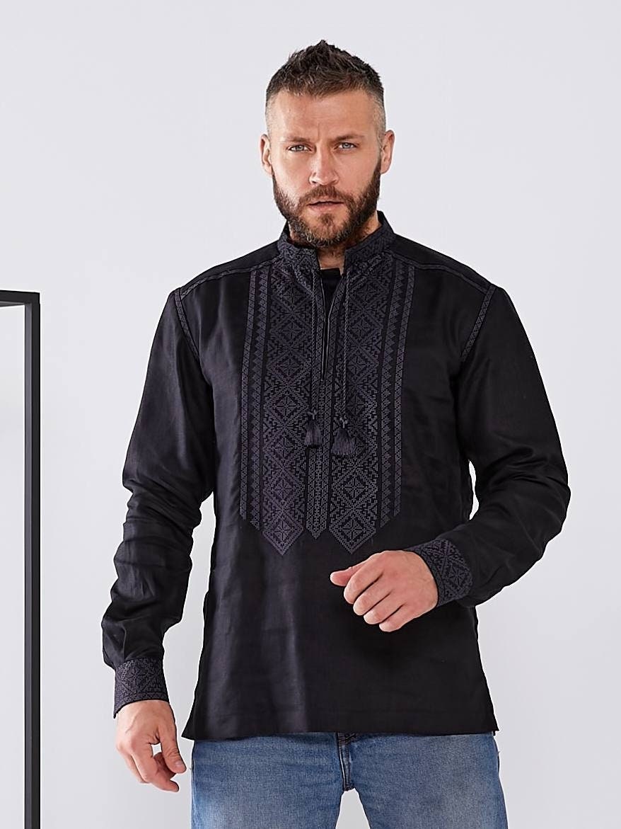 Black Linen Embroidered Vyshyvanka Shirt for Men