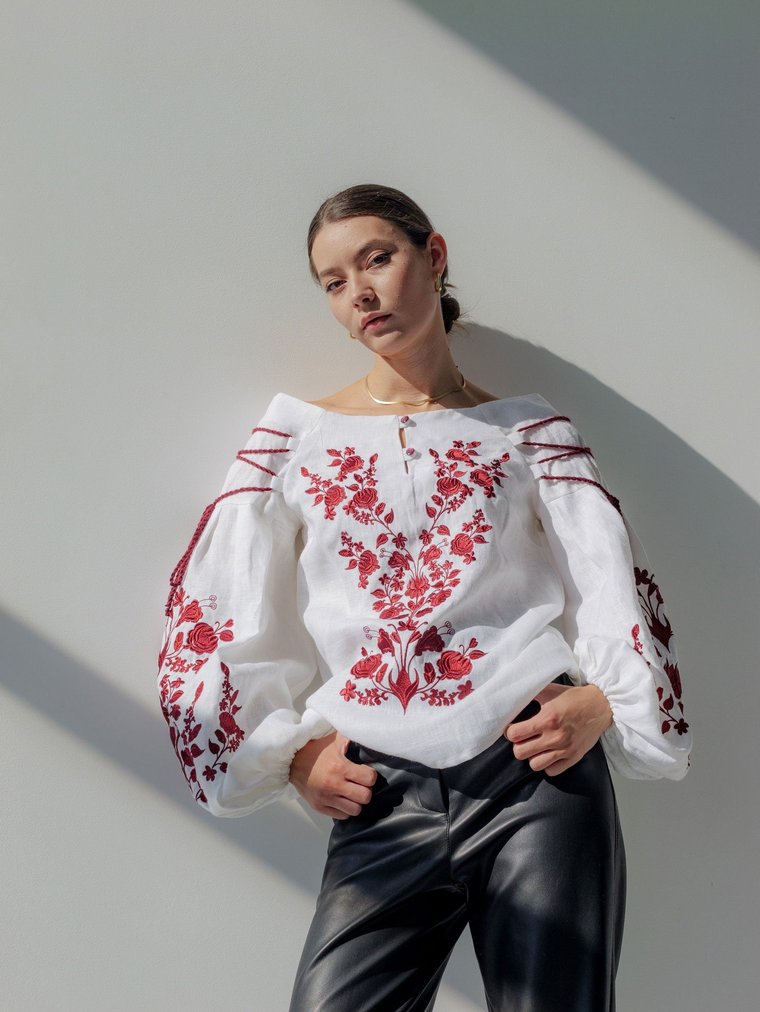 2025 White Ukrainian Vyshyvanka Blouse | Embroidered Bohemian Peasant Shirt