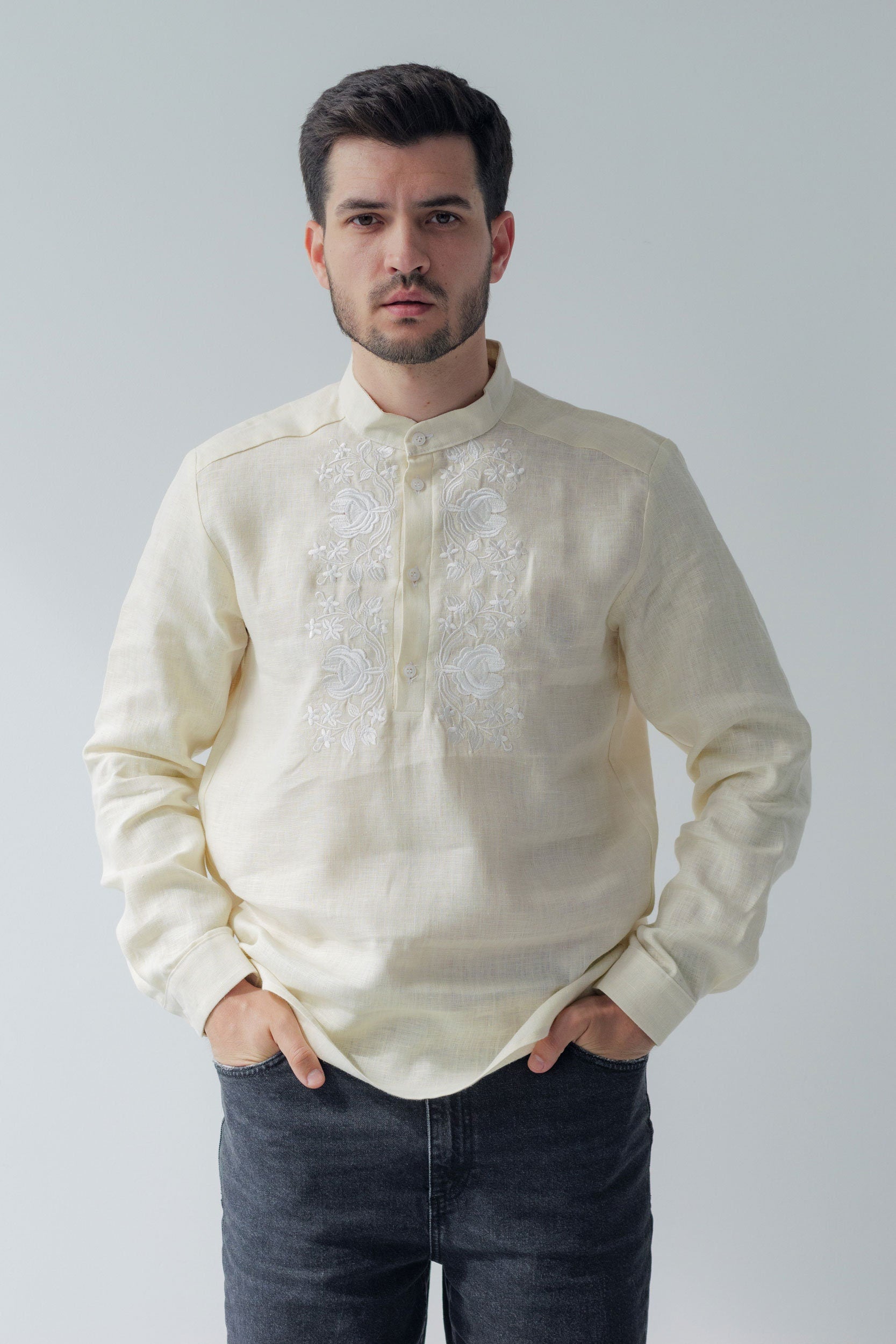 Beige Linen Embroidered Vyshyvanka Shirt for Men