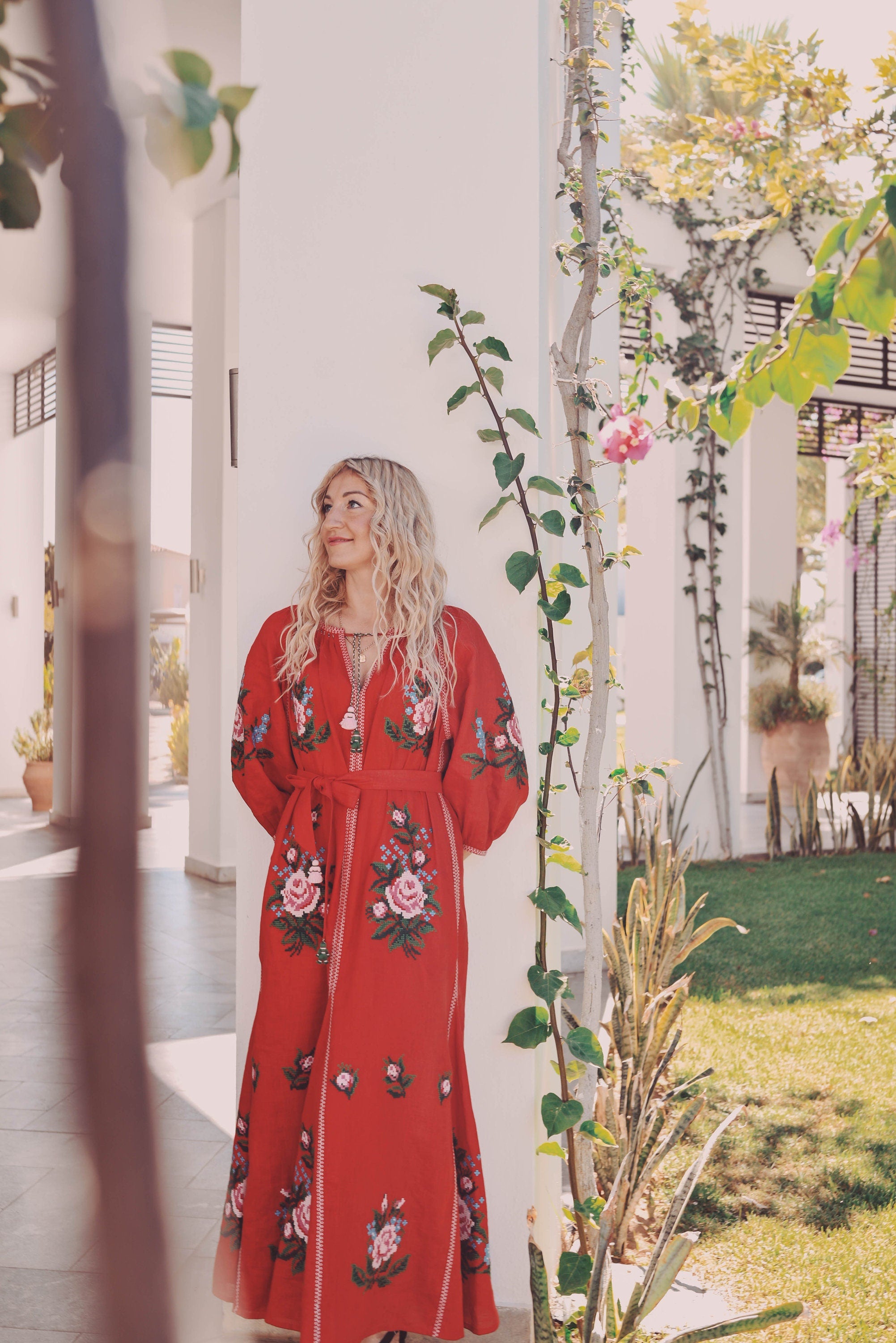 Red Linen Ukrainian Embroidered Boho Dress for Women