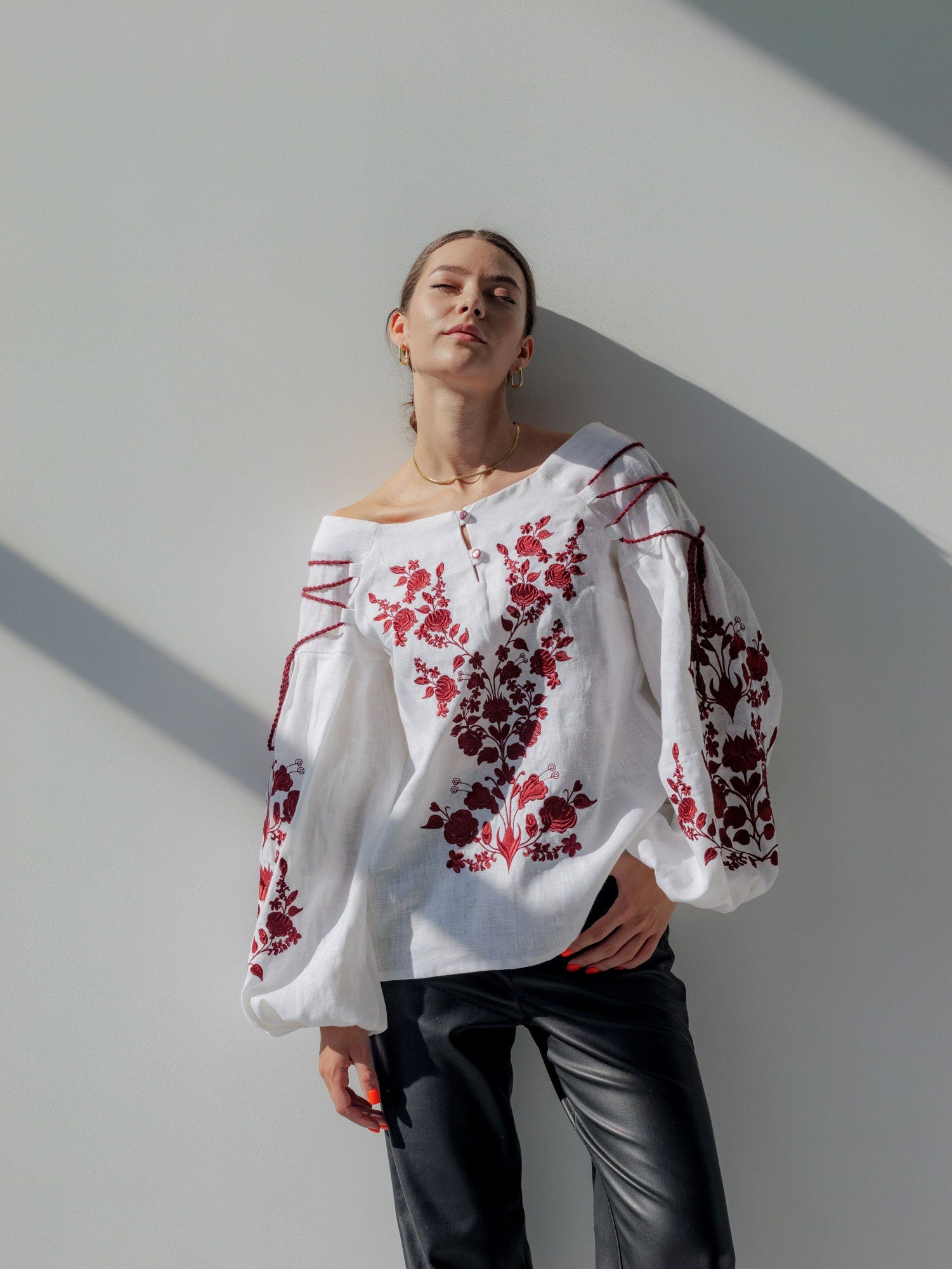 2025 White Ukrainian Vyshyvanka Blouse | Embroidered Bohemian Peasant Shirt