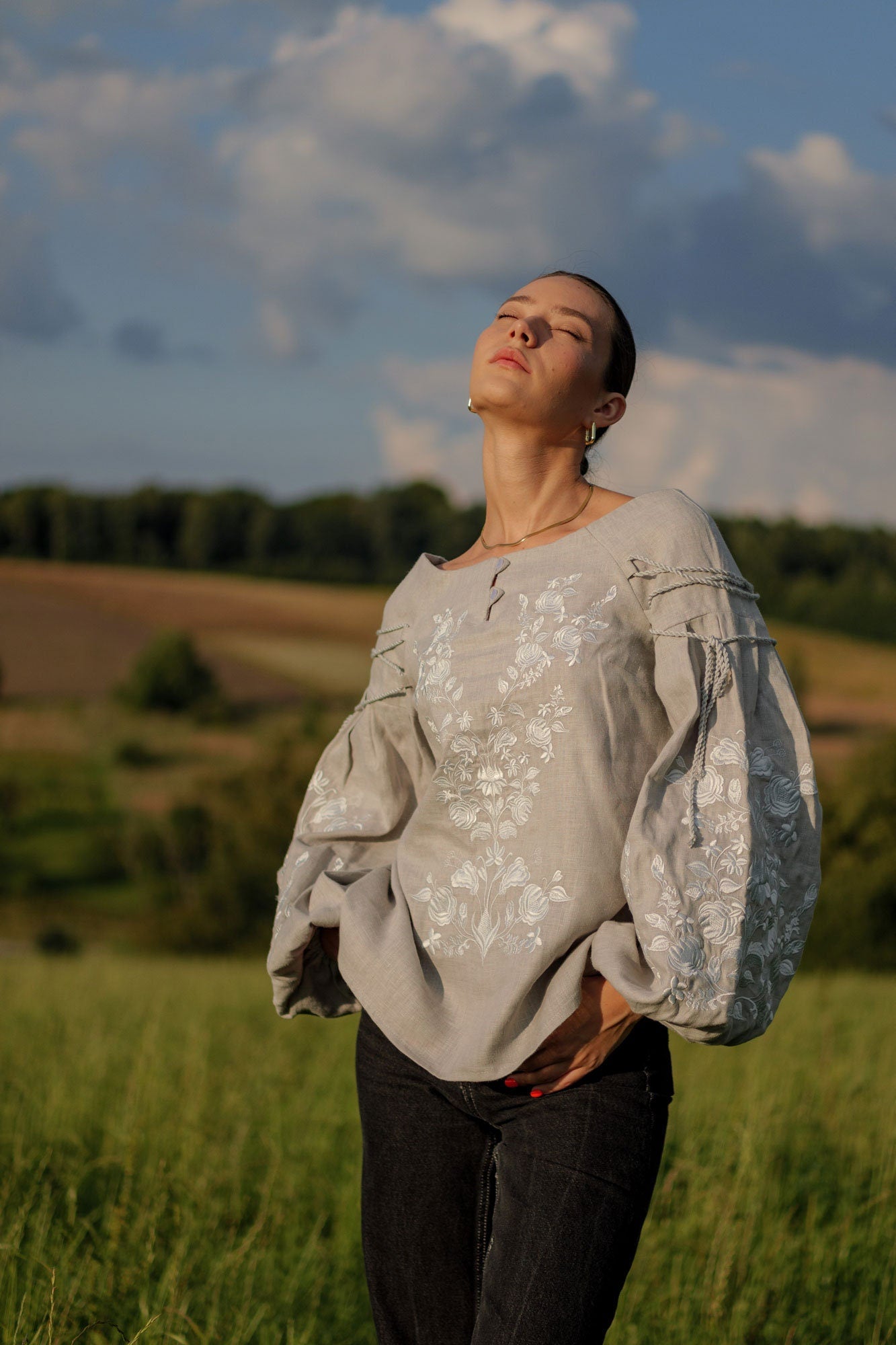 2025 New Grey Ukrainian Vyshyvanka Blouse - Embroidered Bohemian Ethnic Shirt