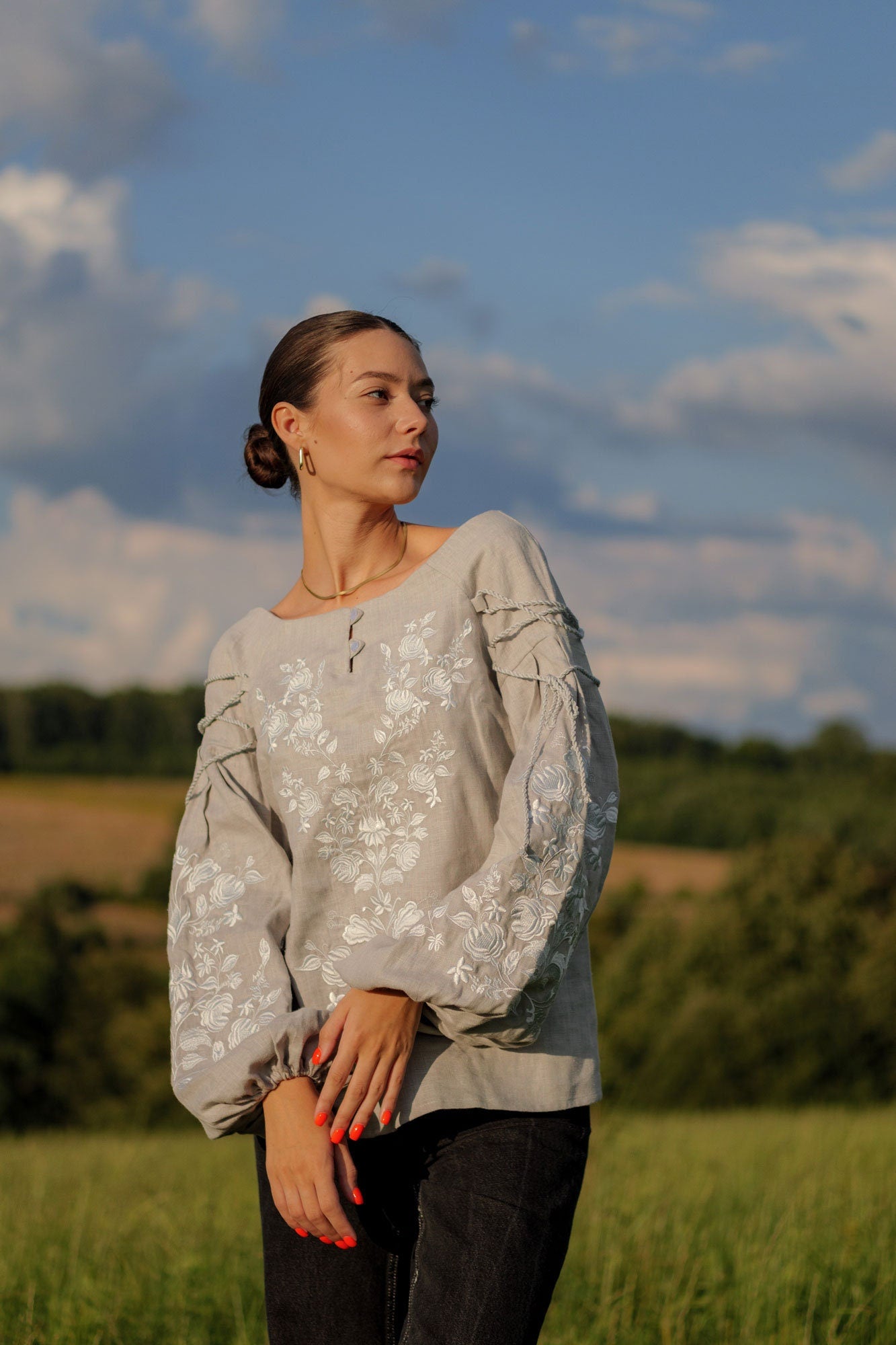 2025 New Grey Ukrainian Vyshyvanka Blouse - Embroidered Bohemian Ethnic Shirt