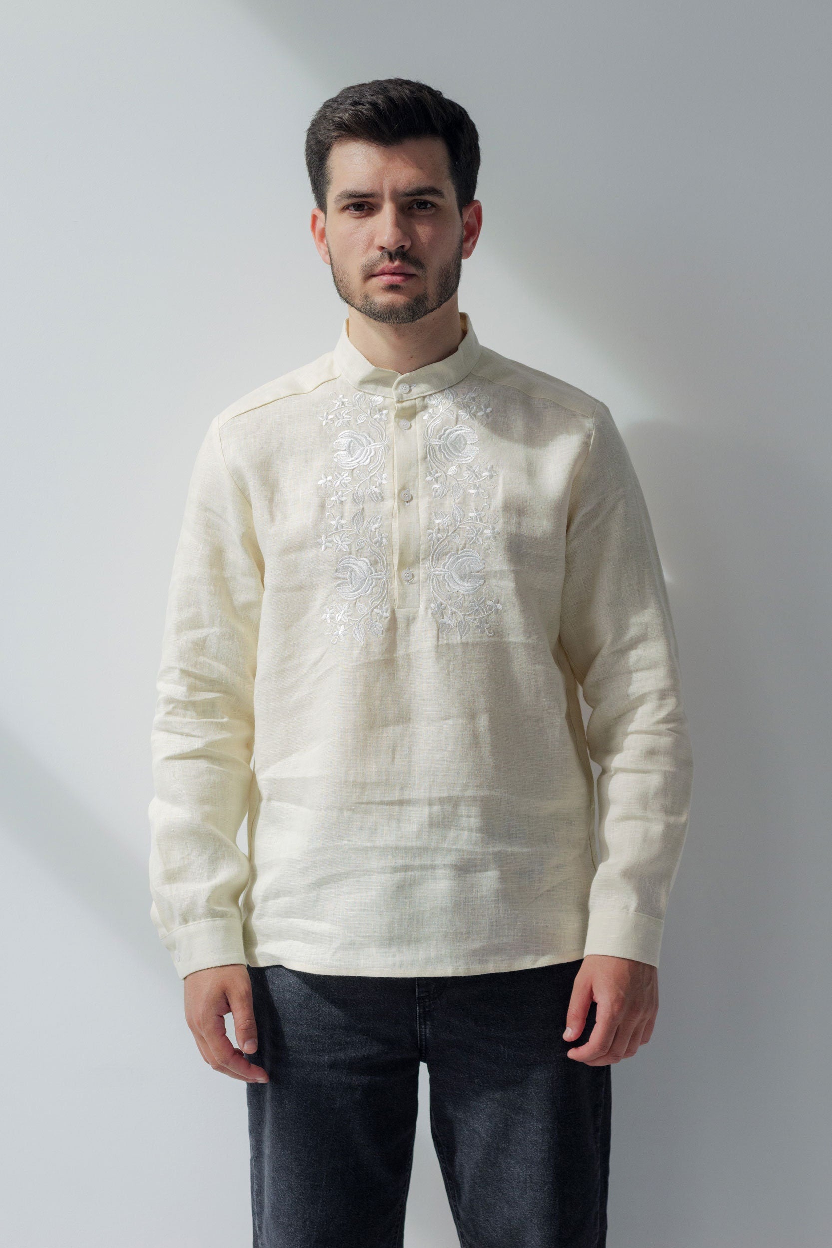 Beige Linen Embroidered Vyshyvanka Shirt for Men