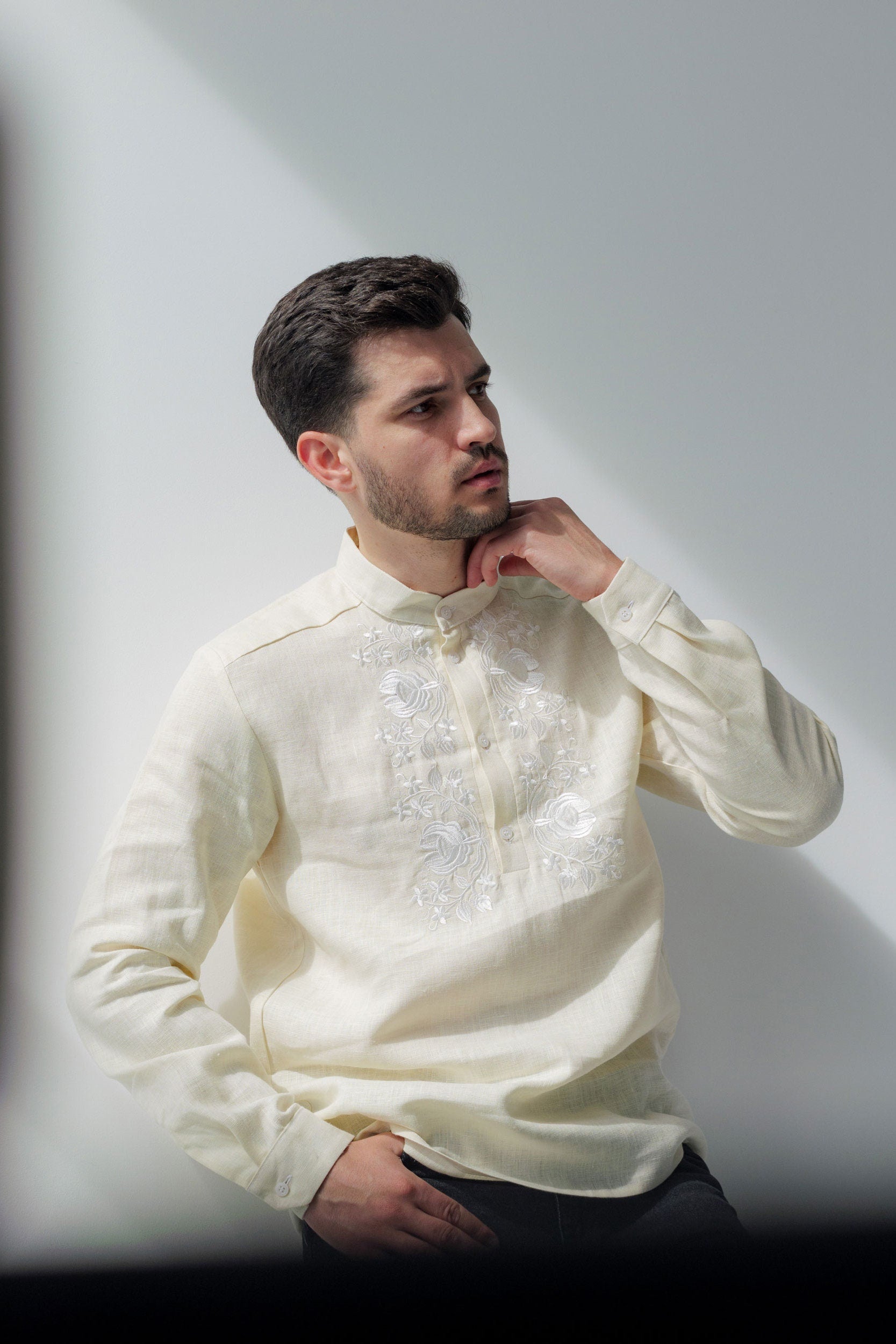 Beige Linen Embroidered Vyshyvanka Shirt for Men