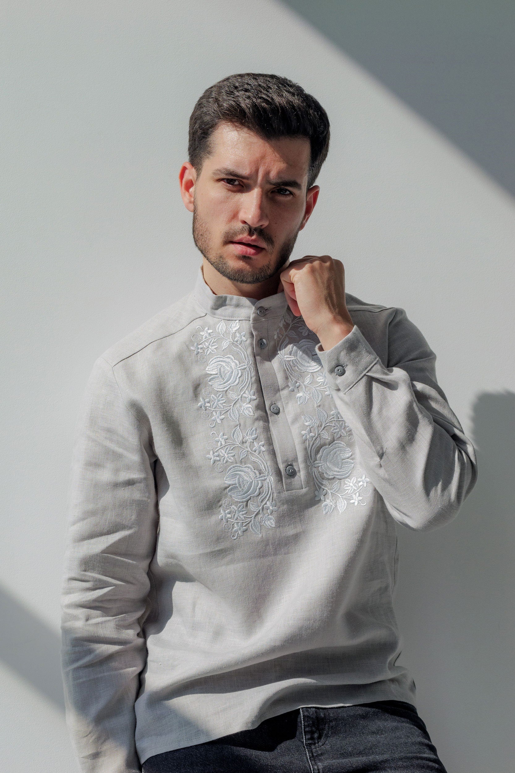 Men's Grey Linen Vyshyvanka Shirt with White Embroidery