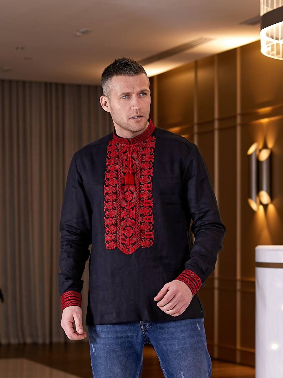 Black Ukrainian Vyshyvanka Shirt for Men with Red Embroidery