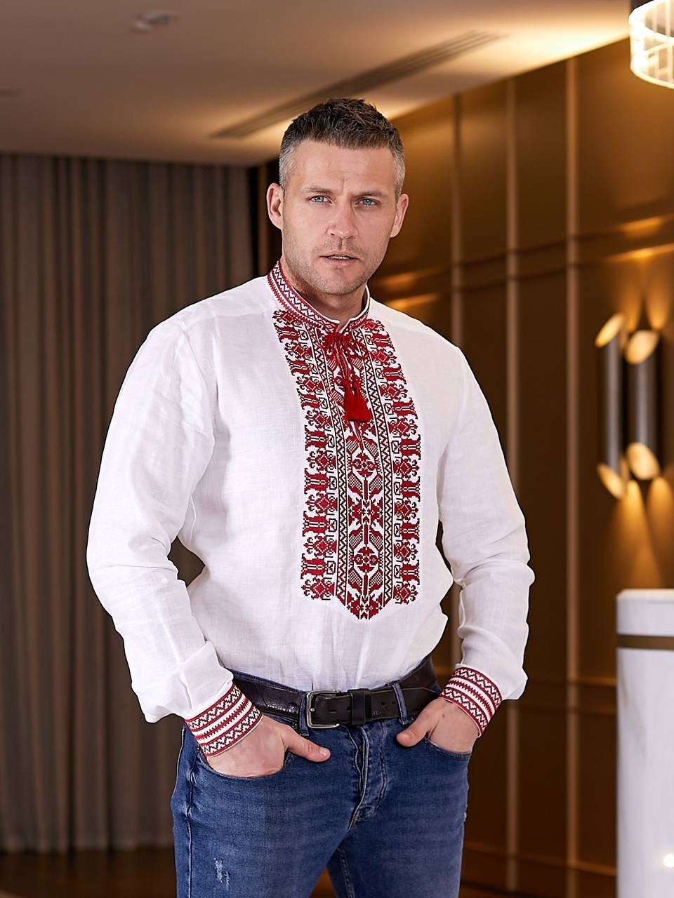 White Linen Vyshyvanka - Men's Embroidered Ukrainian Shirt