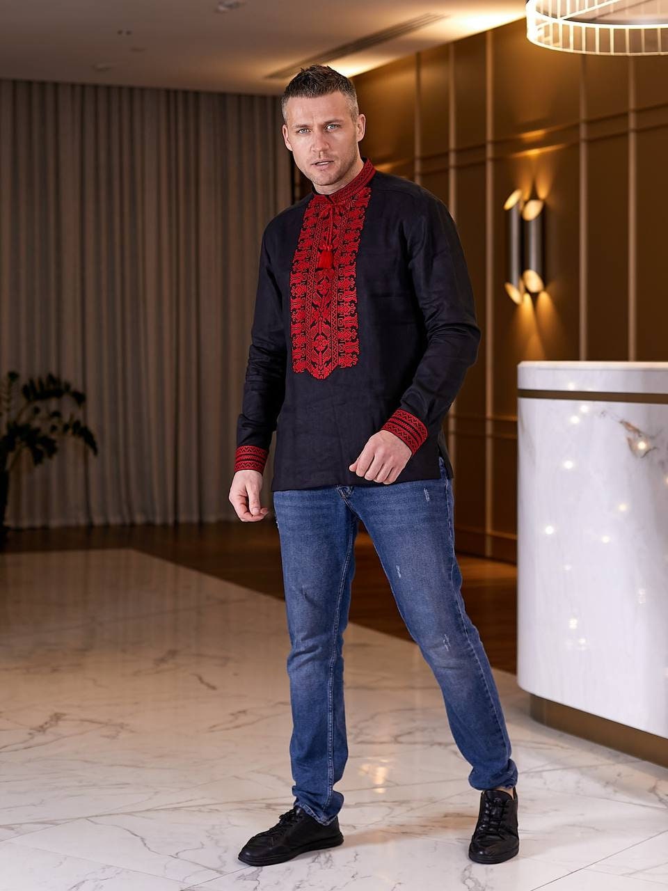 Black Ukrainian Vyshyvanka Shirt for Men with Red Embroidery