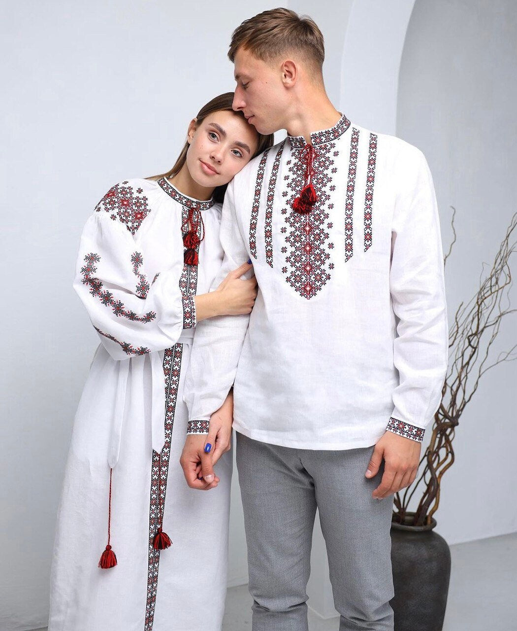 White Wedding Linen Dress with Ukrainian Vyshyvanka Red Embroidery – Boho Style for Mother's Day 2024