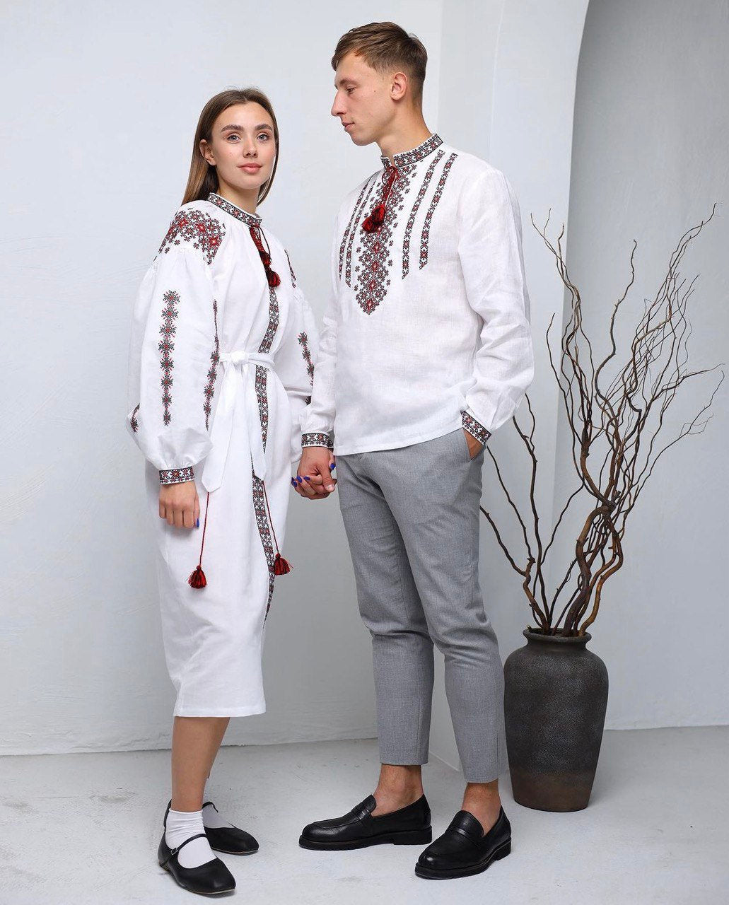 White Wedding Linen Dress with Ukrainian Vyshyvanka Red Embroidery – Boho Style for Mother's Day 2024
