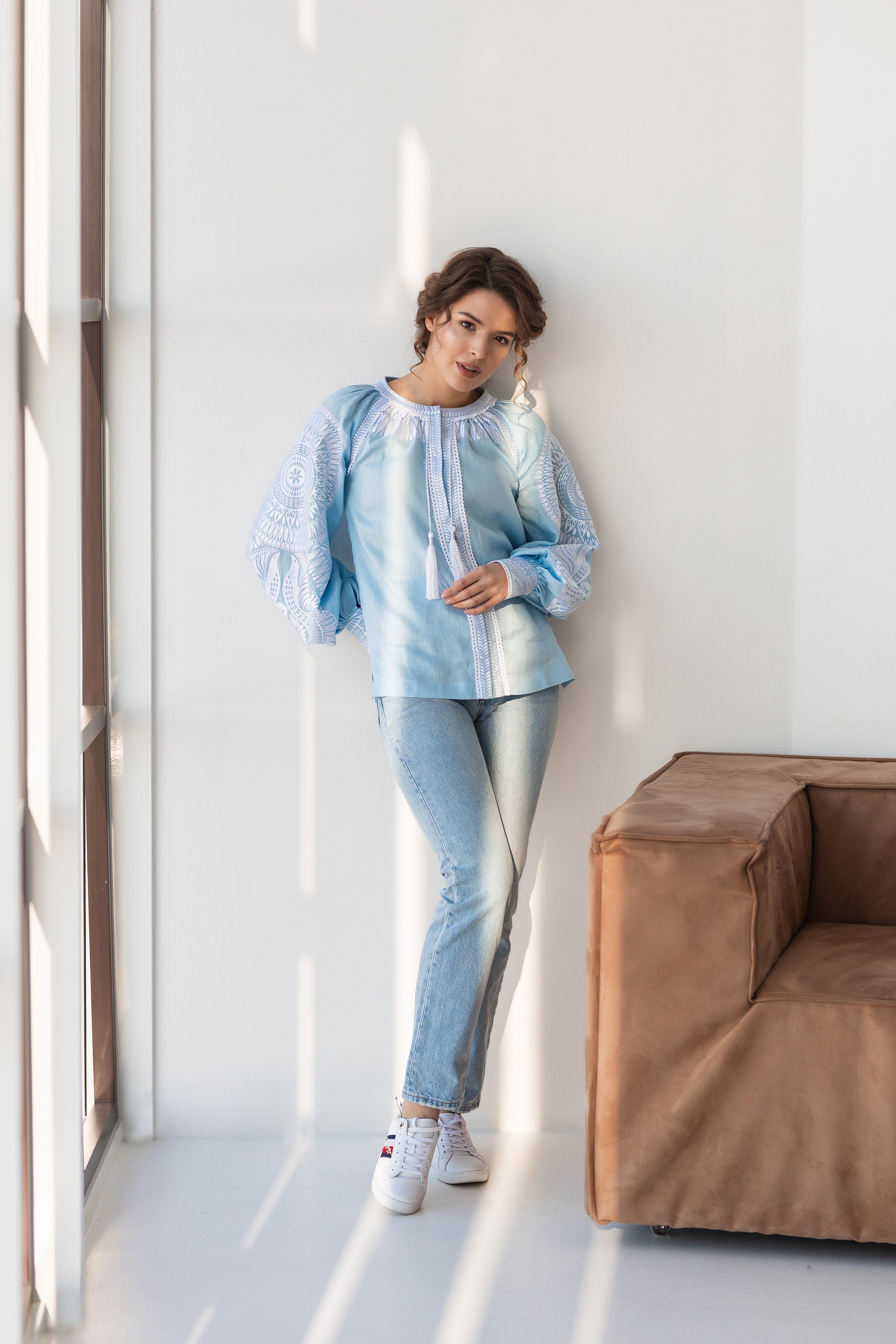 2025 Blue Ukrainian Vyshyvanka Blouse | Red Embroidered Bohemian Shirt