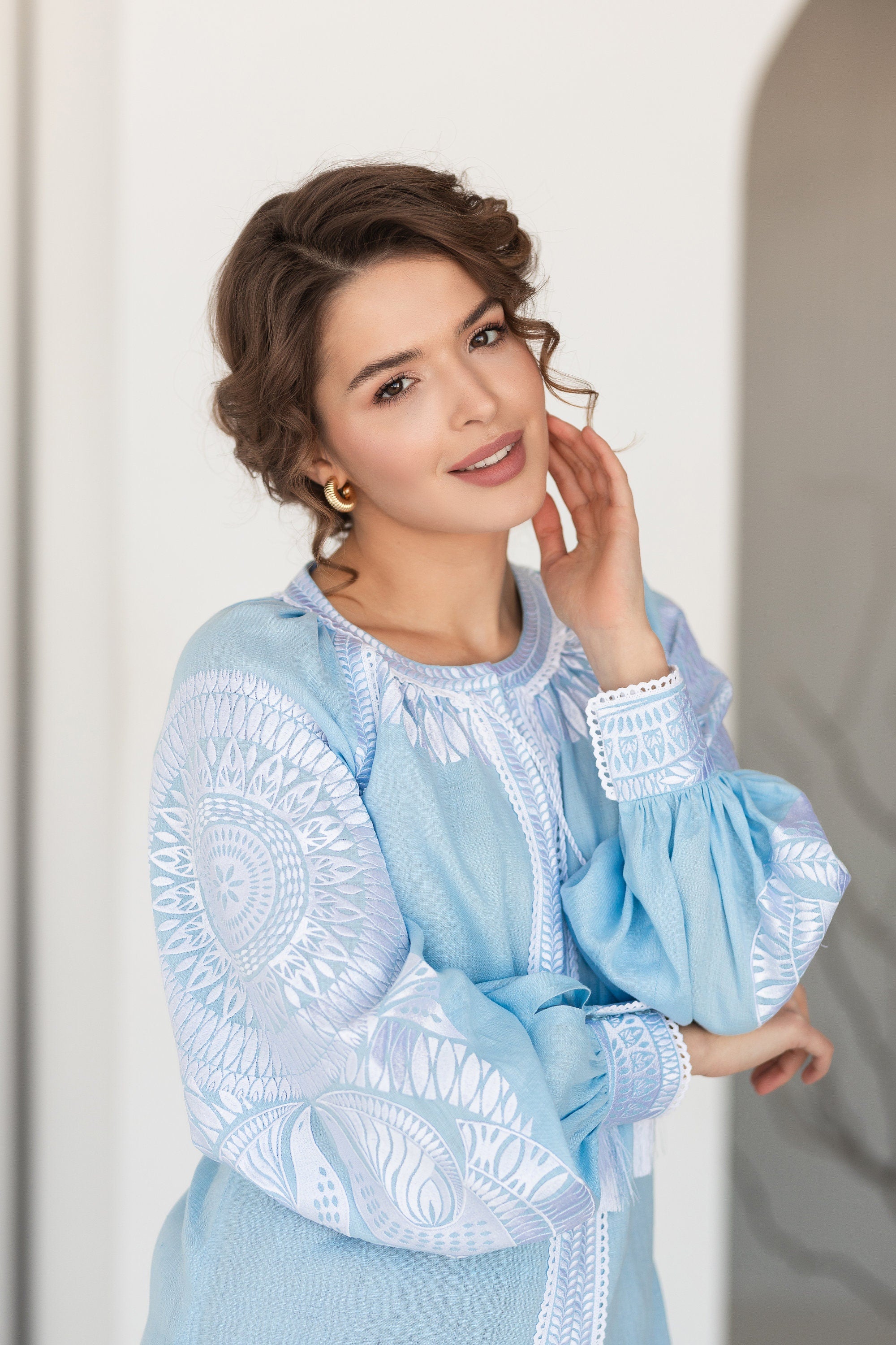 2025 Blue Ukrainian Vyshyvanka Blouse | Red Embroidered Bohemian Shirt
