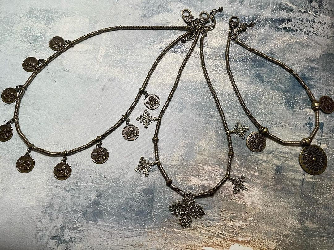 Ethnic Ukrainian Metal & Beaded Cross Necklace Set - Traditional Brass Jewelry for Mom