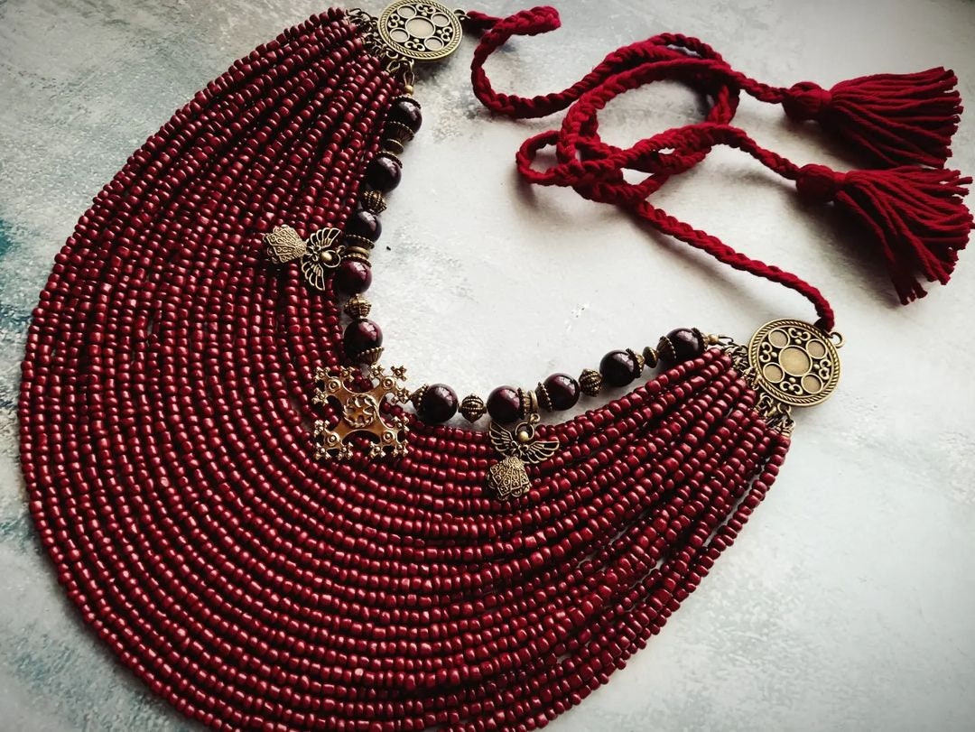 Red Ukrainian Traditional Multirow Necklace with Antique Glass Beads