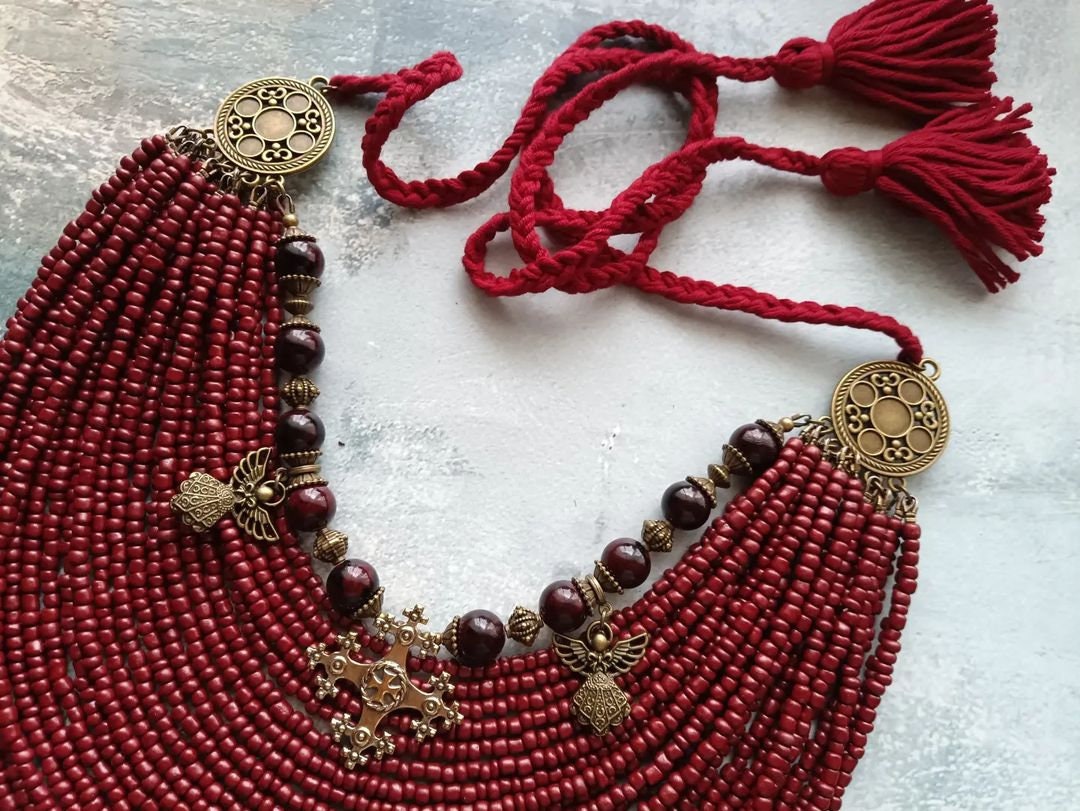 Red Ukrainian Traditional Multirow Necklace with Antique Glass Beads