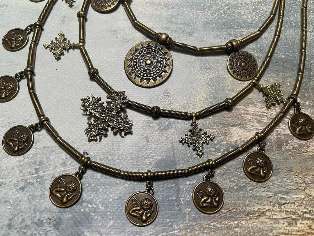 Ethnic Ukrainian Metal & Beaded Cross Necklace Set - Traditional Brass Jewelry for Mom