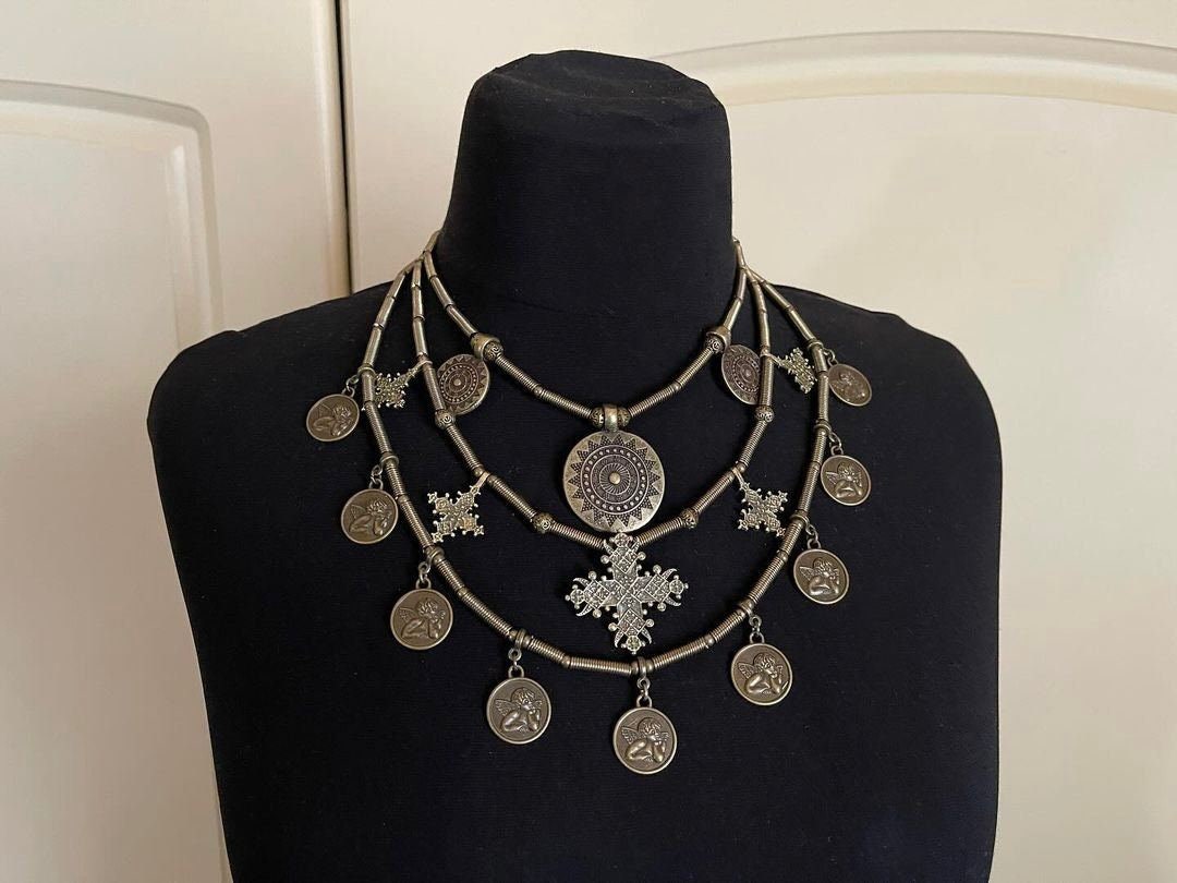 Ethnic Ukrainian Metal & Beaded Cross Necklace Set - Traditional Brass Jewelry for Mom