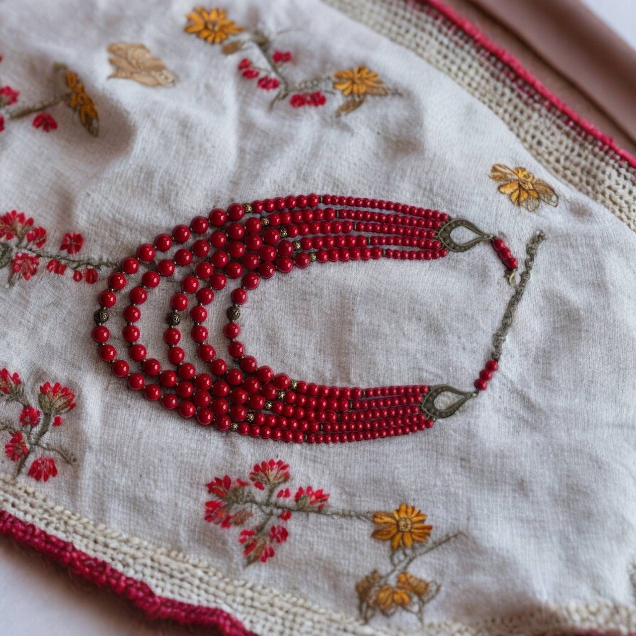 Ukrainian Traditional Pressed Coral Necklace - Ethnic Christmas Jewelry