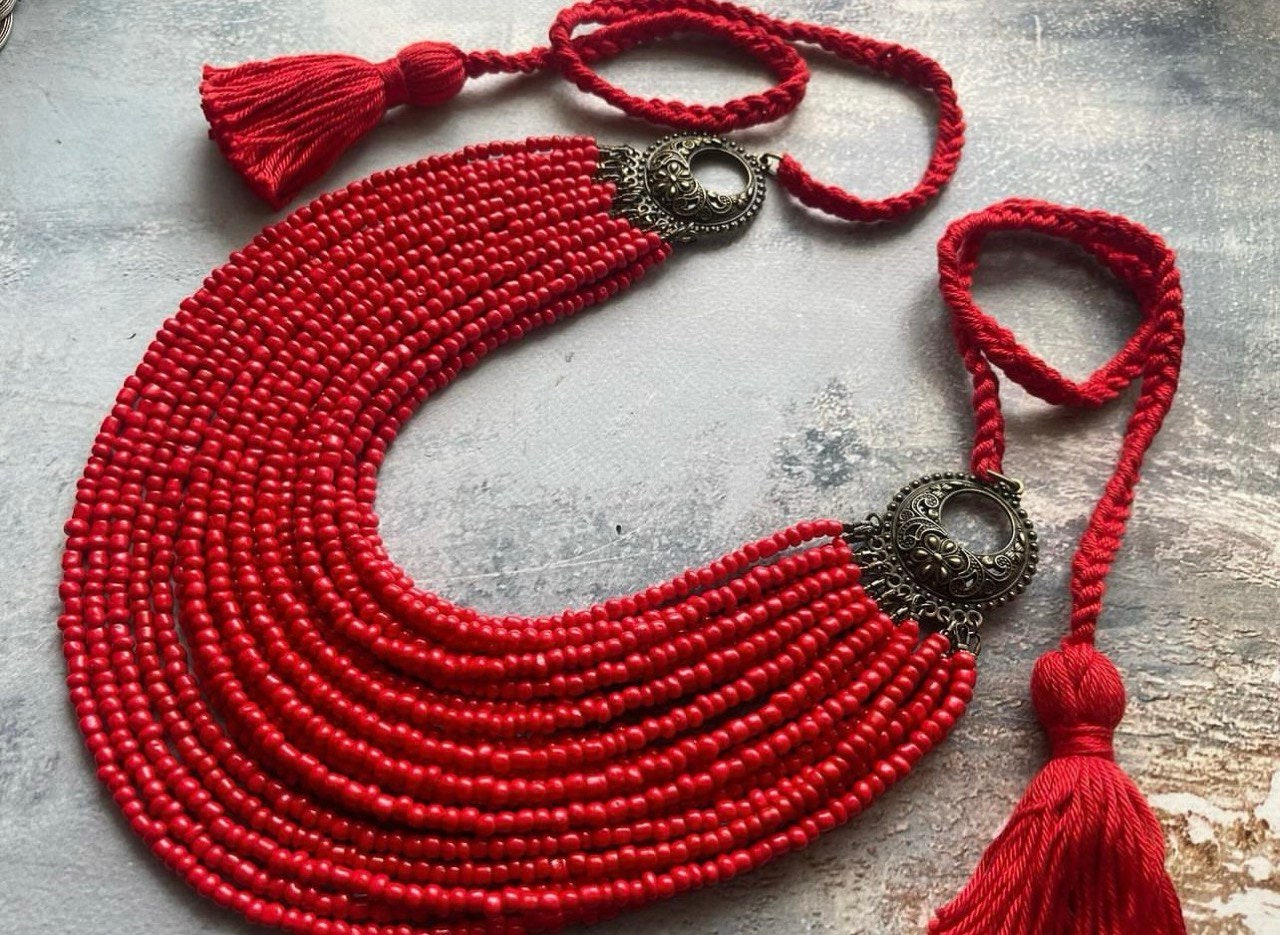 Red Ukrainian Traditional Multirow Necklace - Ethnic Antique Glass Beads for Mother's Day