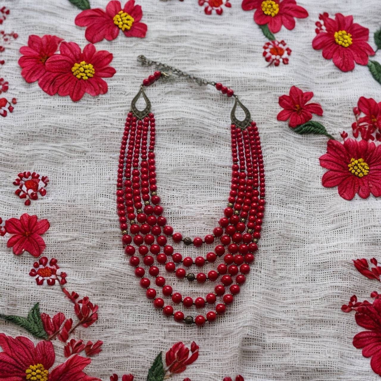 Ukrainian Traditional Pressed Coral Necklace - Ethnic Christmas Jewelry