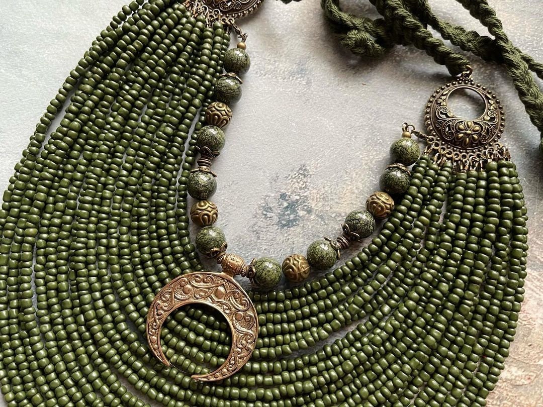 2025 Green Ukrainian Traditional Multirow Necklace | Ethnic Antique Glass Beads Jewelry for Mother's Day