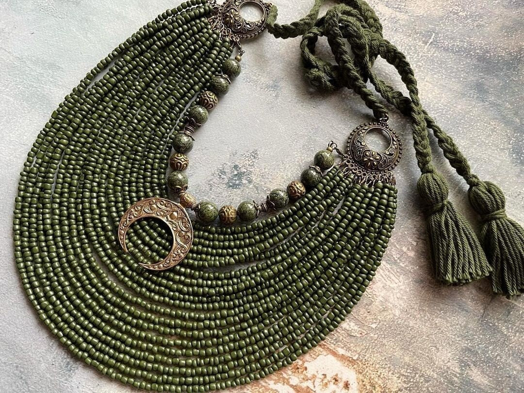 2025 Green Ukrainian Traditional Multirow Necklace | Ethnic Antique Glass Beads Jewelry for Mother's Day