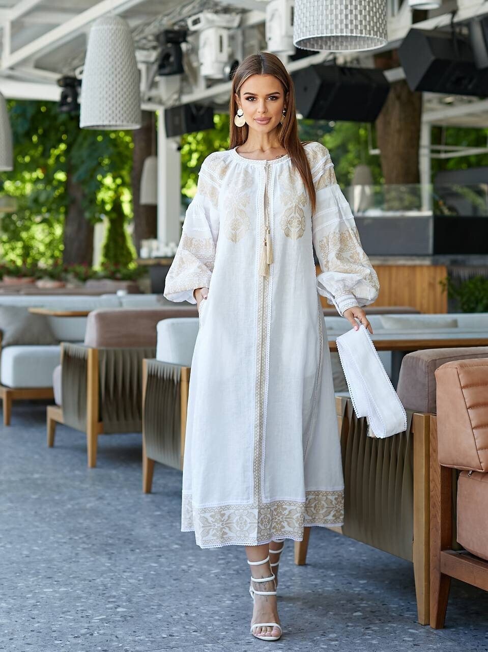 White Wedding Embroidered Linen Dress with Red Ukrainian Vyshyvanka Embroidery