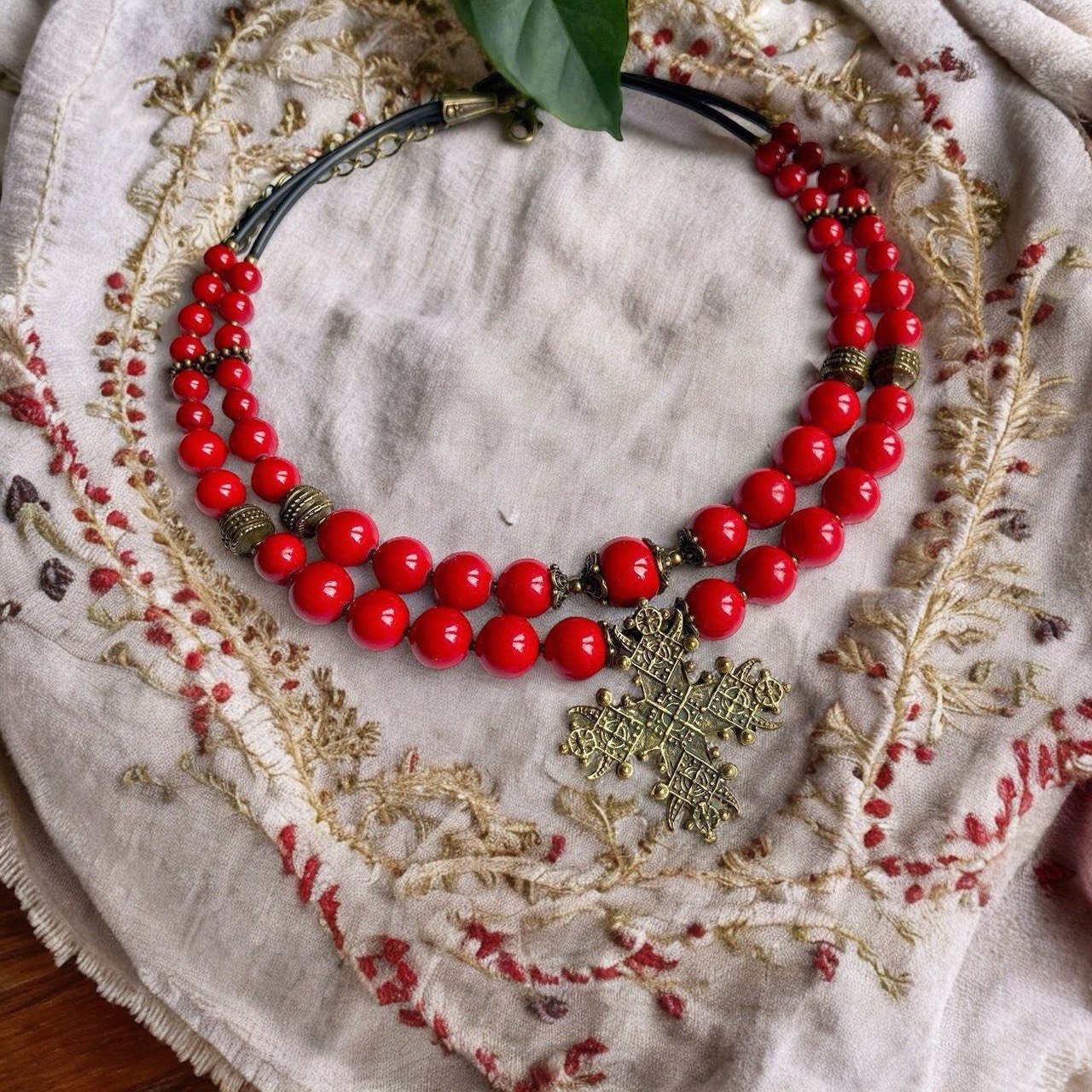 Red Ukrainian Traditional necklace Jewelry Cross  Ethnic ceramics  Necklace of pressed coral beads with contempt Gift for Her