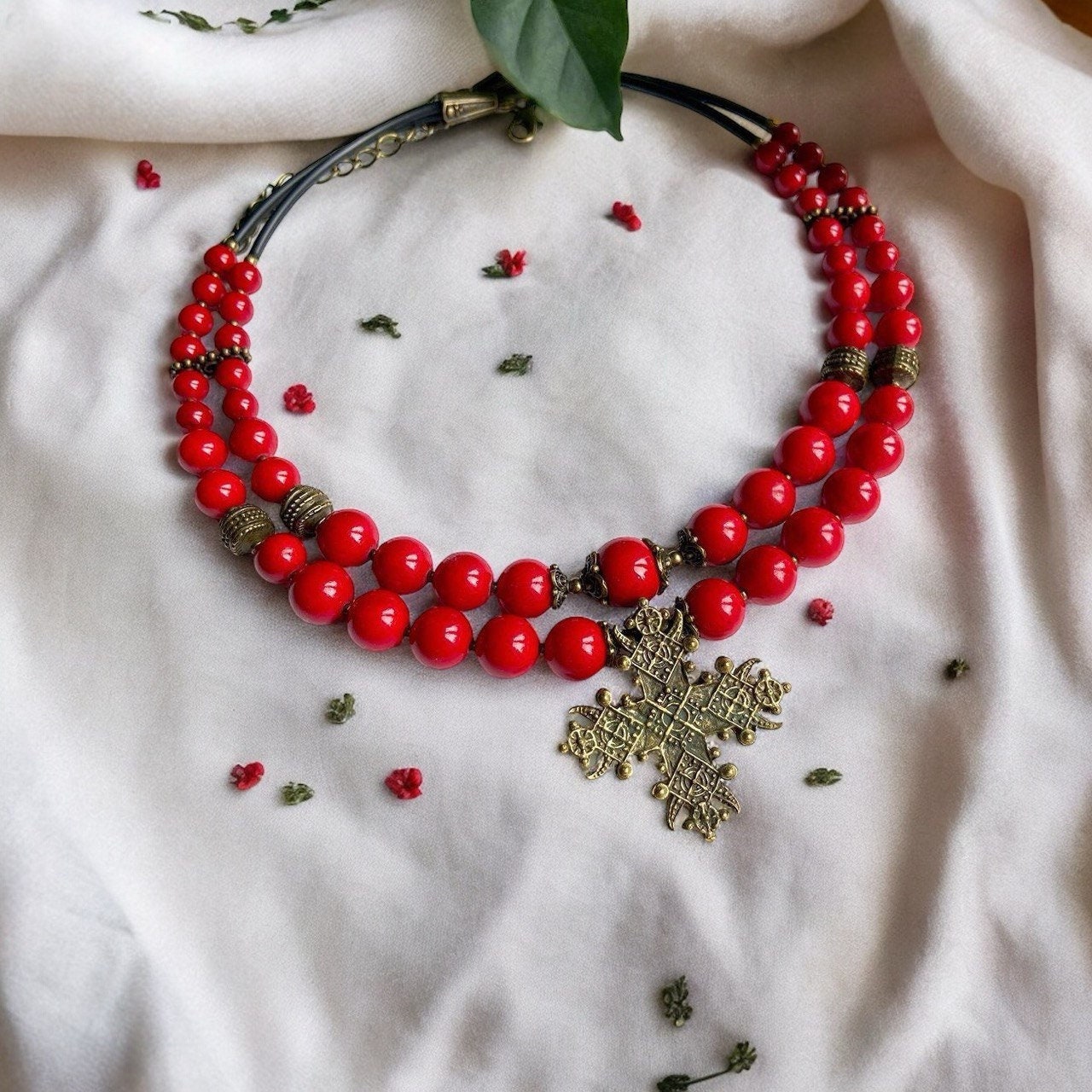 Red Ukrainian Traditional necklace Jewelry Cross  Ethnic ceramics  Necklace of pressed coral beads with contempt Gift for Her