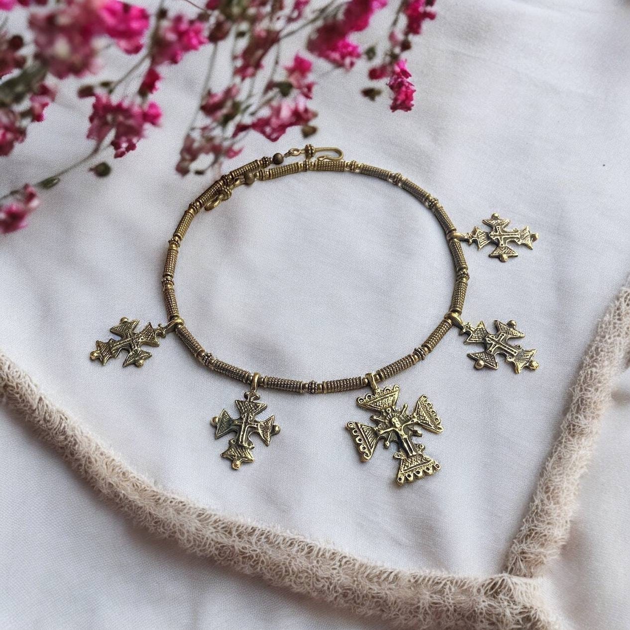 Bronze Ukrainian Traditional necklace with Crosses Jewelry Ethnic Necklace of bronze with Brass Crosses Gift for Her