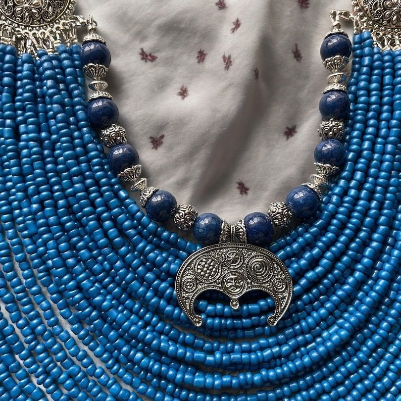 Blue Ukrainian Traditional Beaded Necklace - Ethnic Multirow Jewelry with Antique Glass Beads