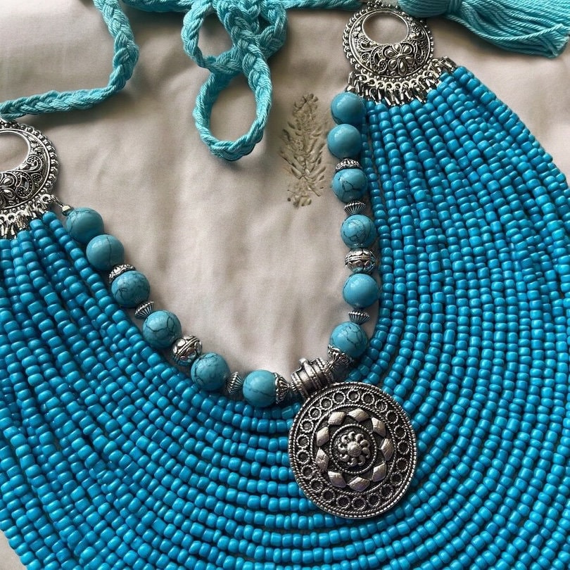 Handmade Traditional Ukrainian Blue Beaded Long Necklace for Women
