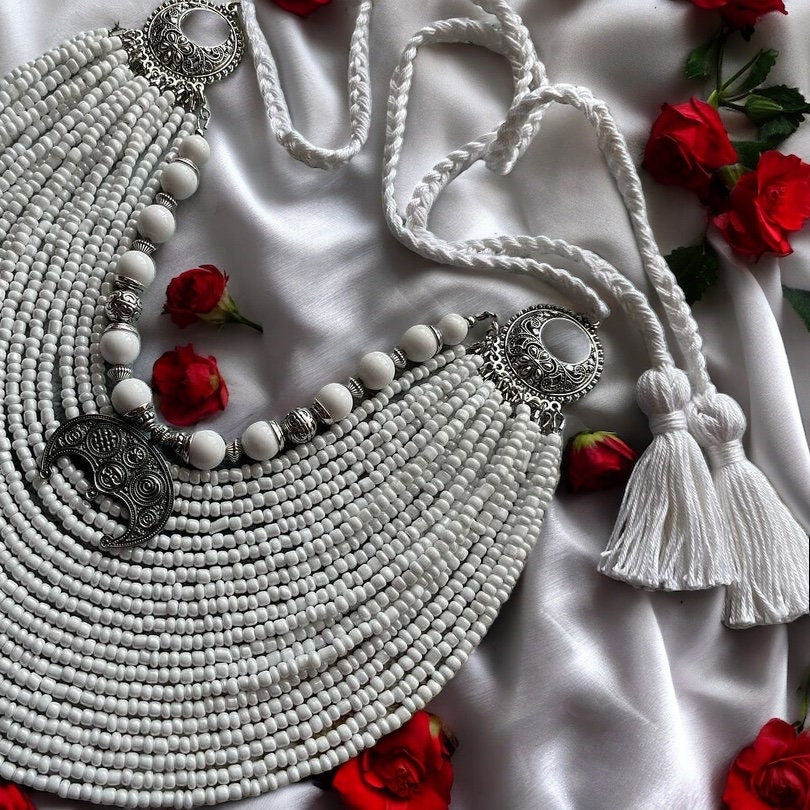 White Beaded Handmade Ukrainian Long Necklace for Women