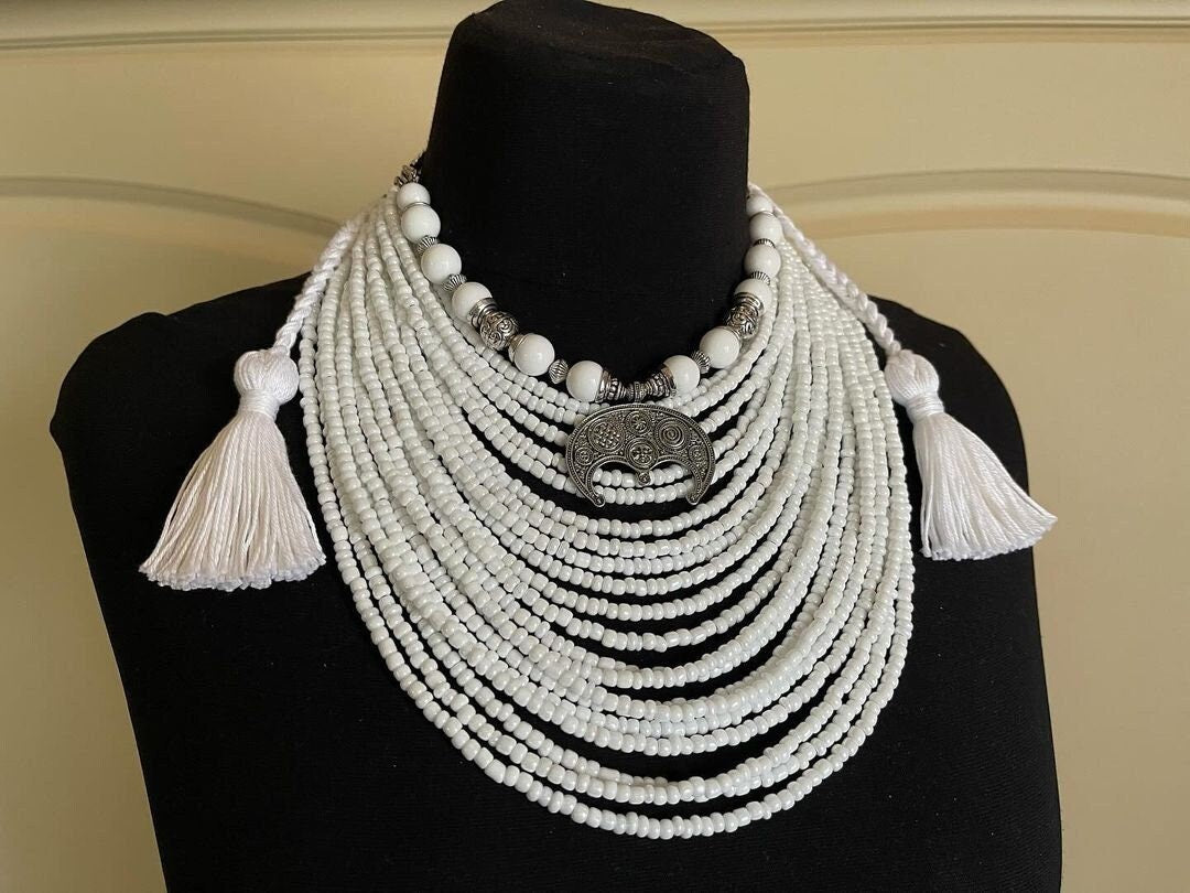 White Ukrainian Traditional necklace MOTHERS GIFT Jewelry Ethnic Multirow Necklace of glass beads with contempt Gift for Her Christmas