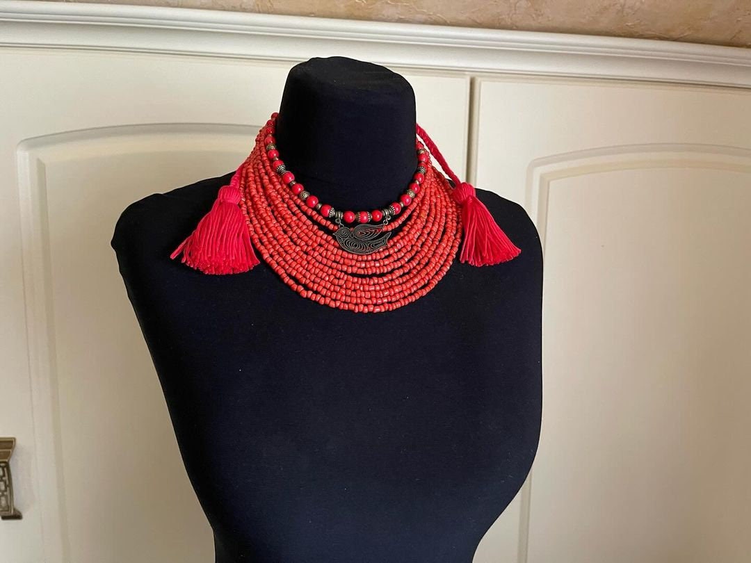 Handmade Traditional Ukrainian Beaded Red Necklace – Unique Women's Jewelry