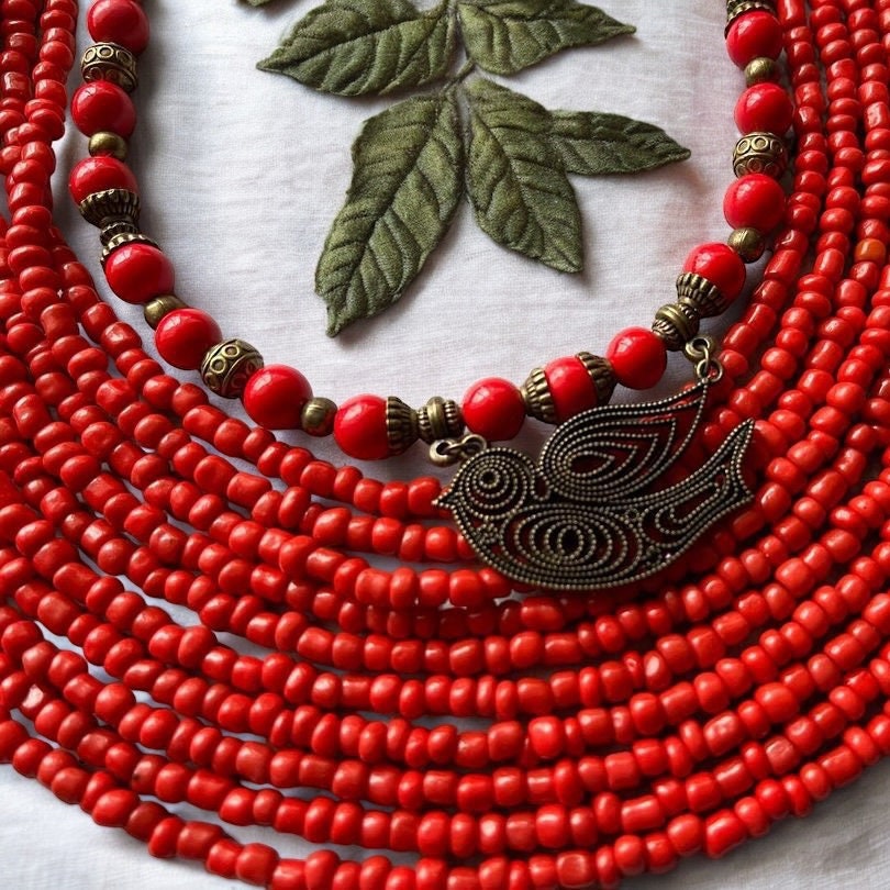 Handmade Traditional Ukrainian Beaded Red Necklace – Unique Women's Jewelry