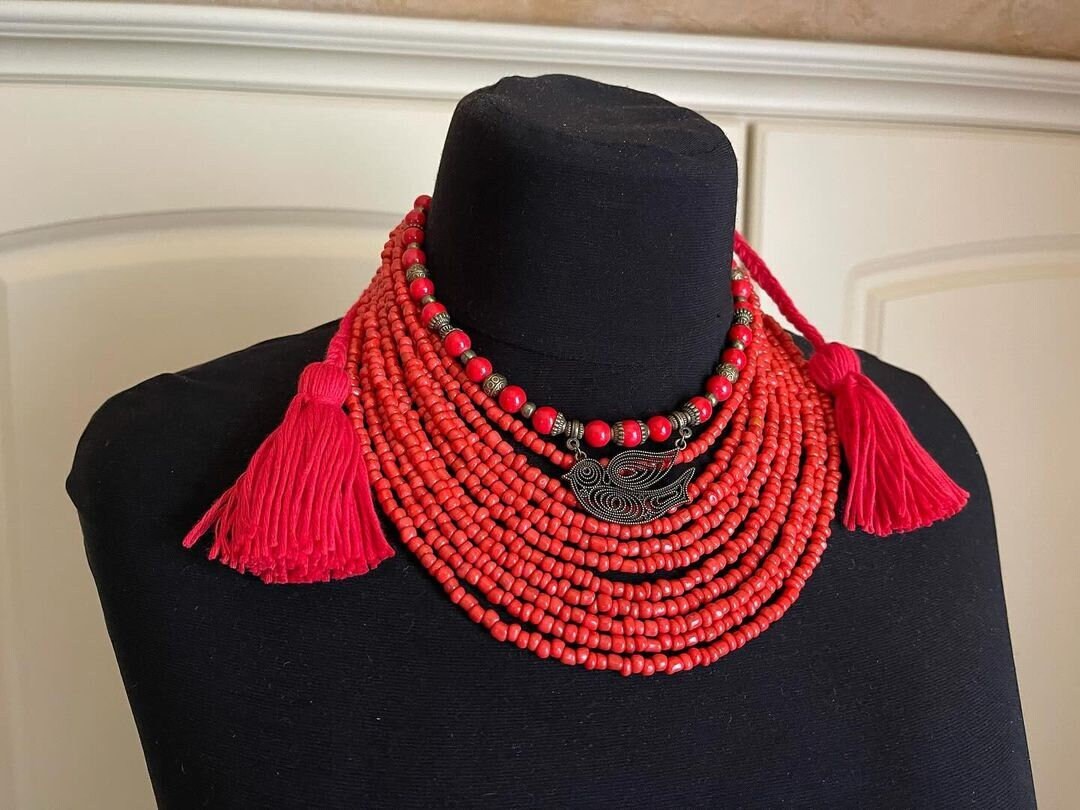 2025 Red Ukrainian Traditional necklace MOTHERS DAY GIFT Jewelry Ethnic Multirow Necklace of Pressed Coral with contempt Ukraine artiste
