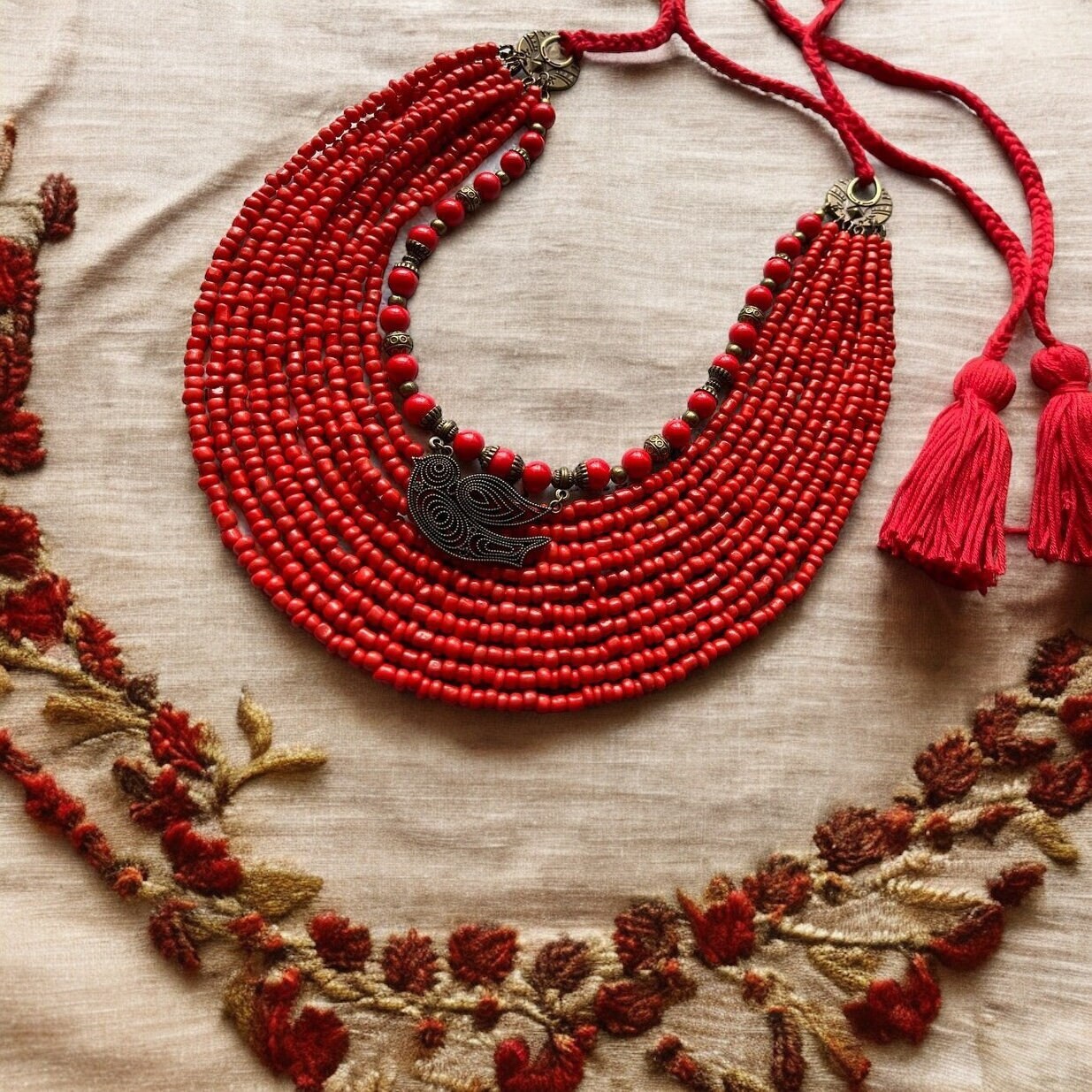 2025 Red Ukrainian Traditional necklace MOTHERS DAY GIFT Jewelry Ethnic Multirow Necklace of Pressed Coral with contempt Ukraine artiste