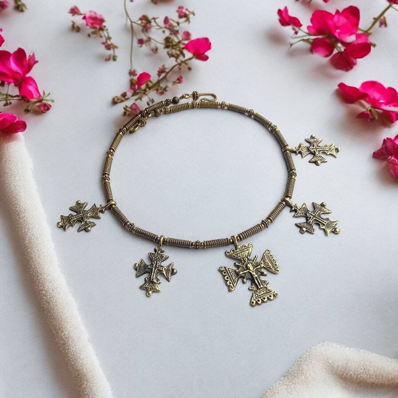 Bronze Ukrainian Traditional necklace with Crosses Jewelry Ethnic Necklace of bronze with Brass Crosses Gift for Her