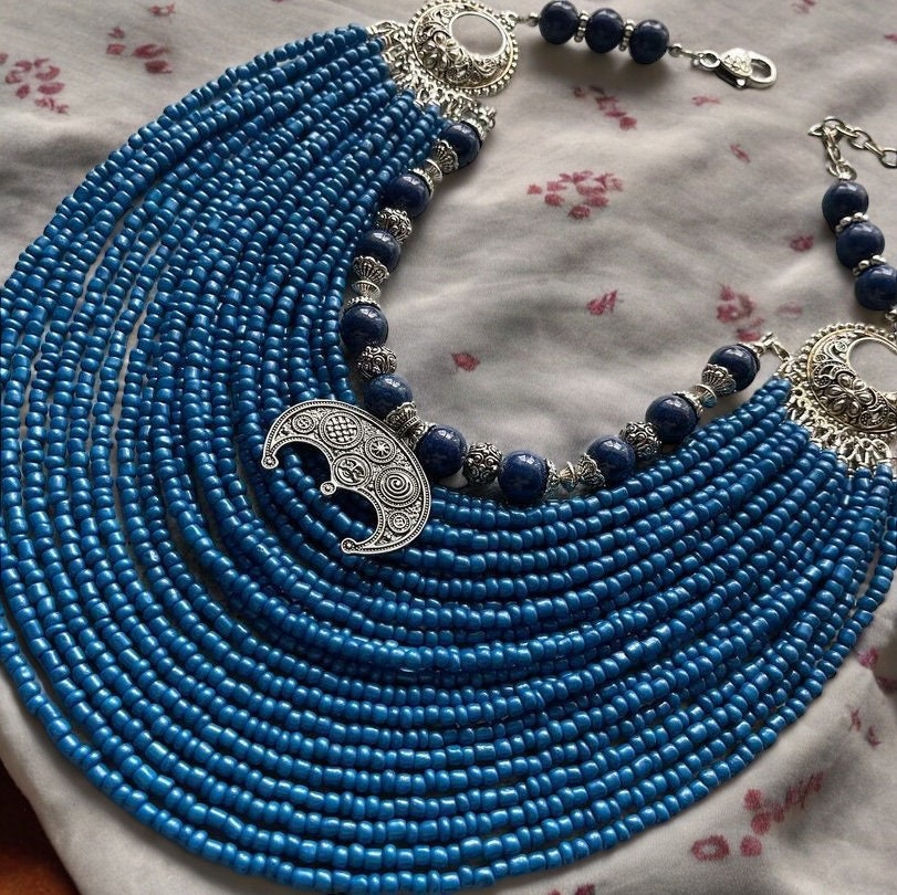 Blue Ukrainian Traditional Beaded Necklace - Ethnic Multirow Jewelry with Antique Glass Beads
