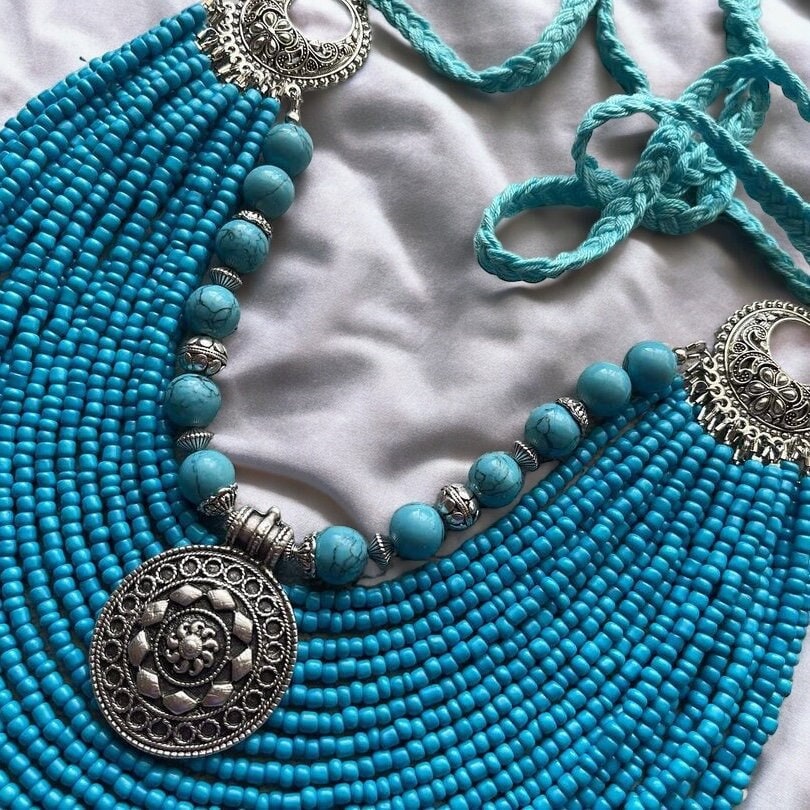 Handmade Traditional Ukrainian Blue Beaded Long Necklace for Women