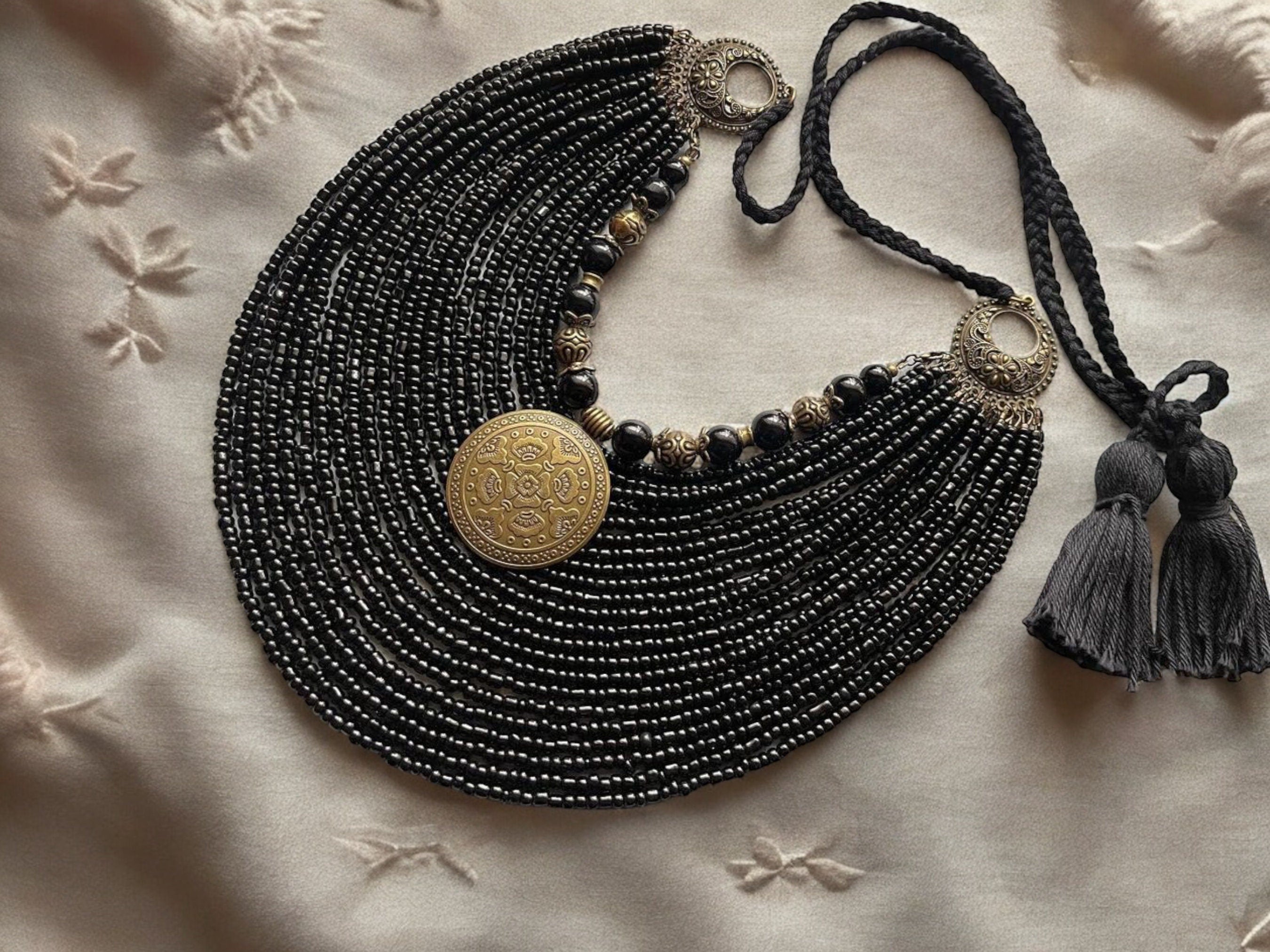 Black Necklace Traditional Ukrainian Jewellery Ethnic Slavic Necklace Multi-row Necklace of Beds with Contempt Folk Costume Gift for Her