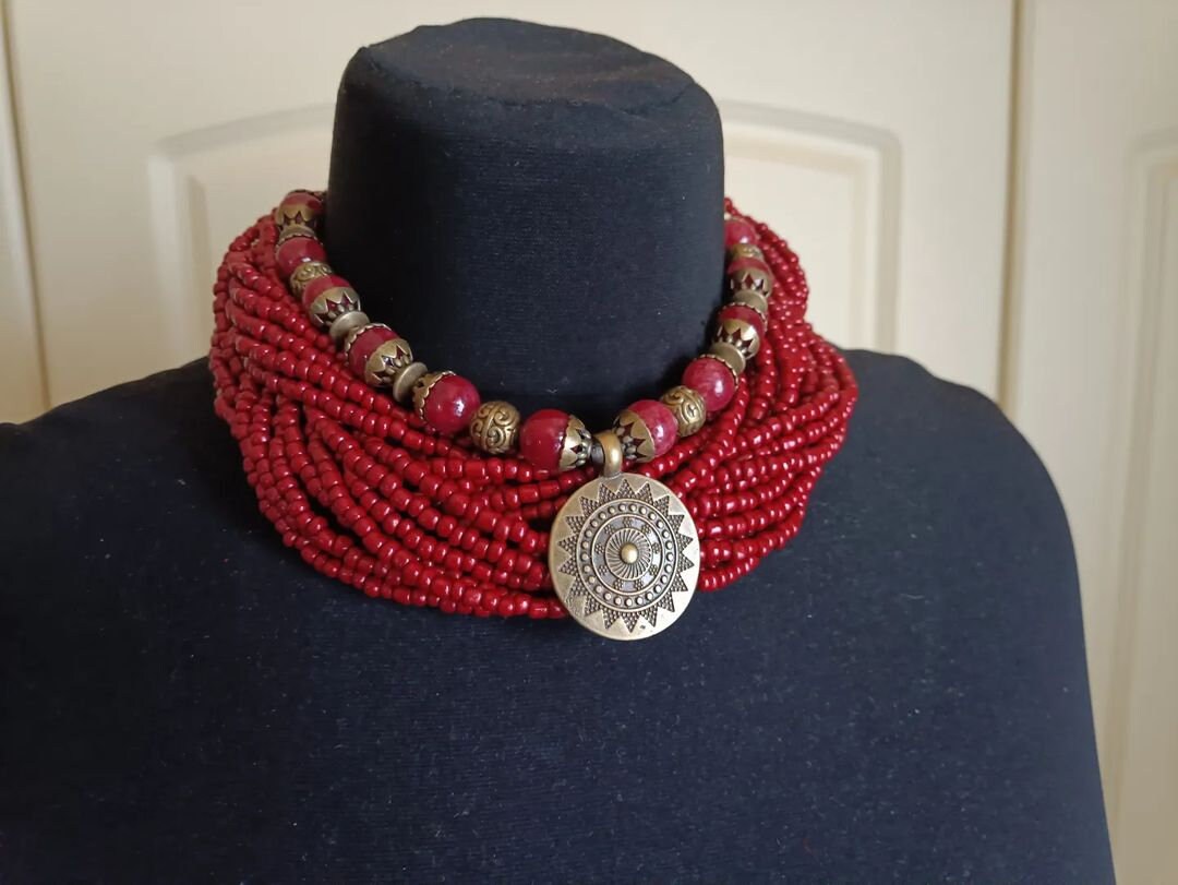 Folk Necklace Red Ukrainian Traditional Glass Beads Jewellery Ethnic Necklace Beads Ukrainian Folk Costume Folklore Art Gift for Women