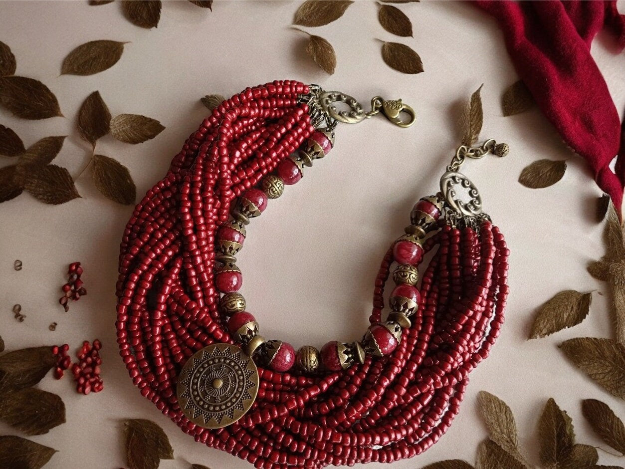 Folk Necklace Red Ukrainian Traditional Glass Beads Jewellery Ethnic Necklace Beads Ukrainian Folk Costume Folklore Art Gift for Women