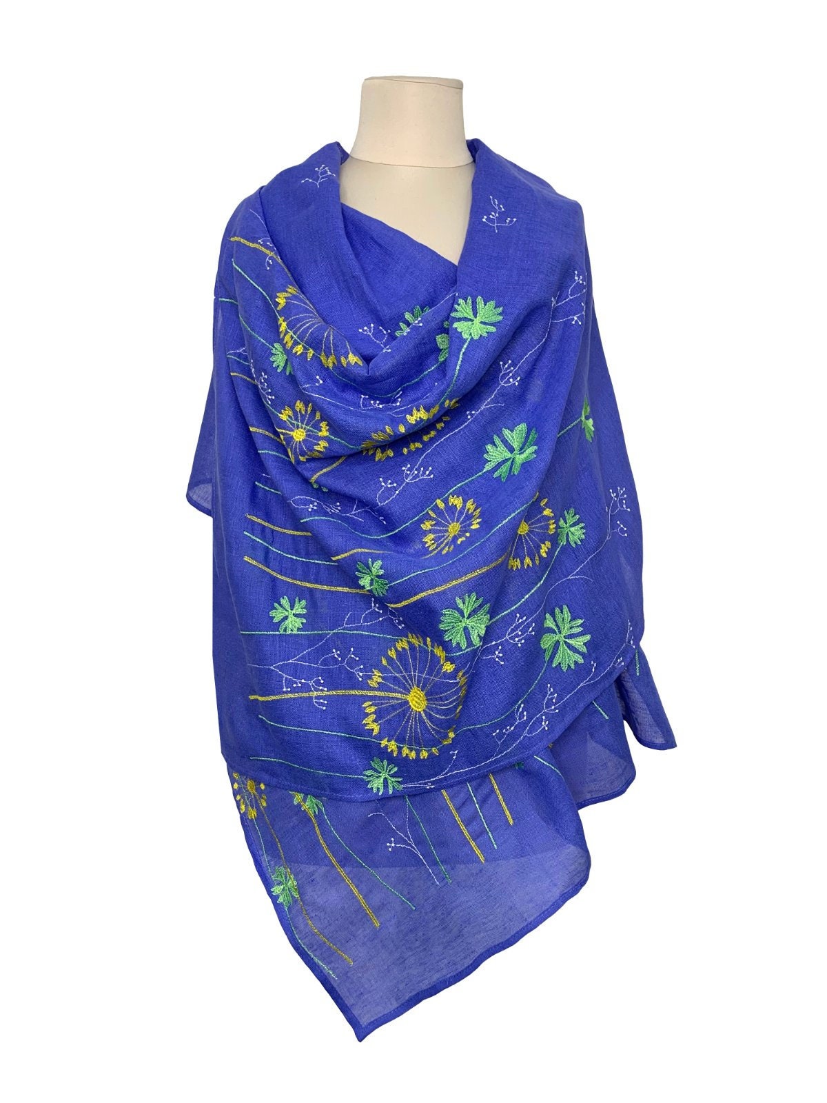 Blue Ukrainian Shawl - Embroidered Slavic Scarf for Women