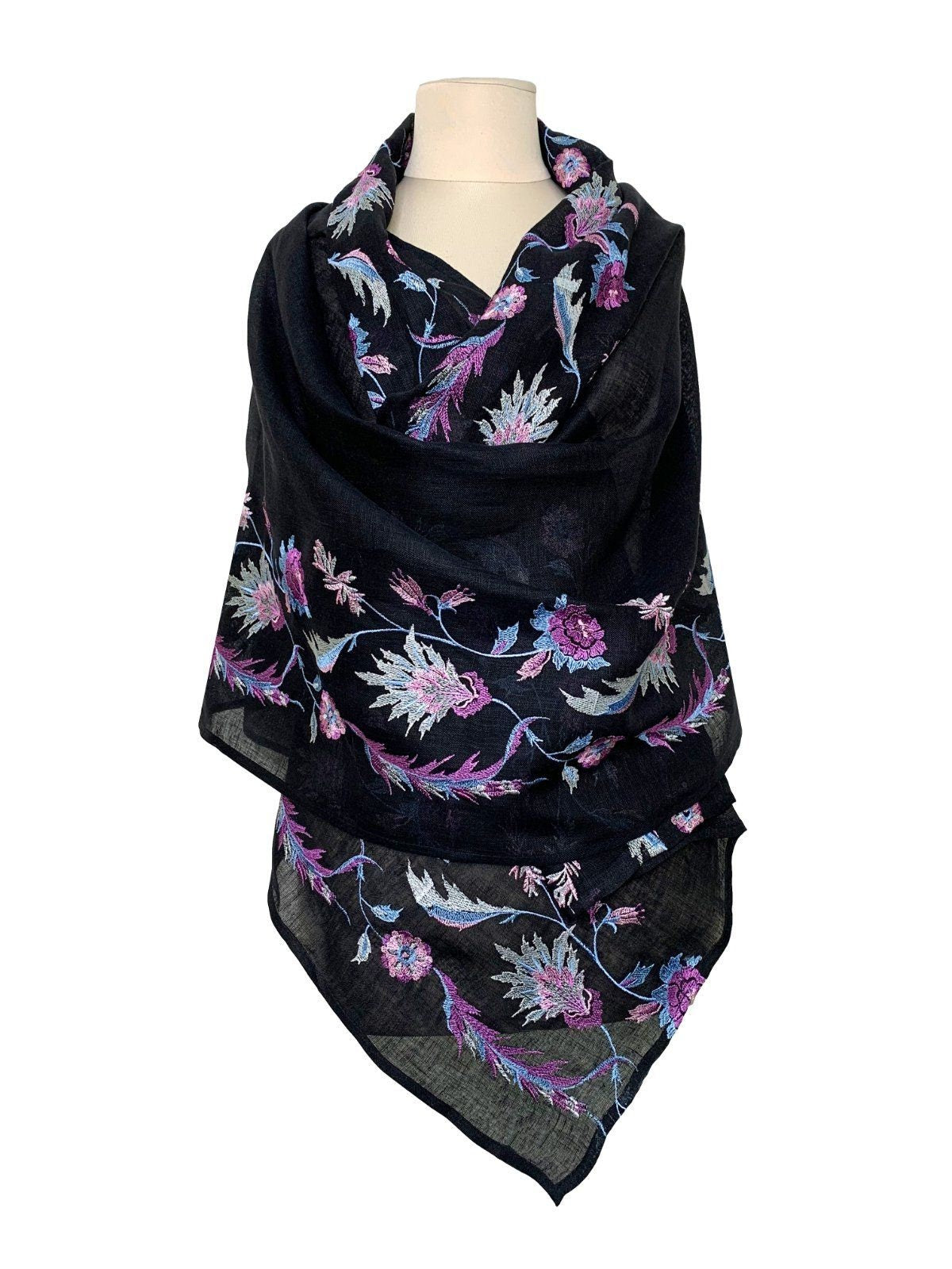 Black Floral Embroidered Ukrainian Shawl - Vintage Linen Women's Scarf