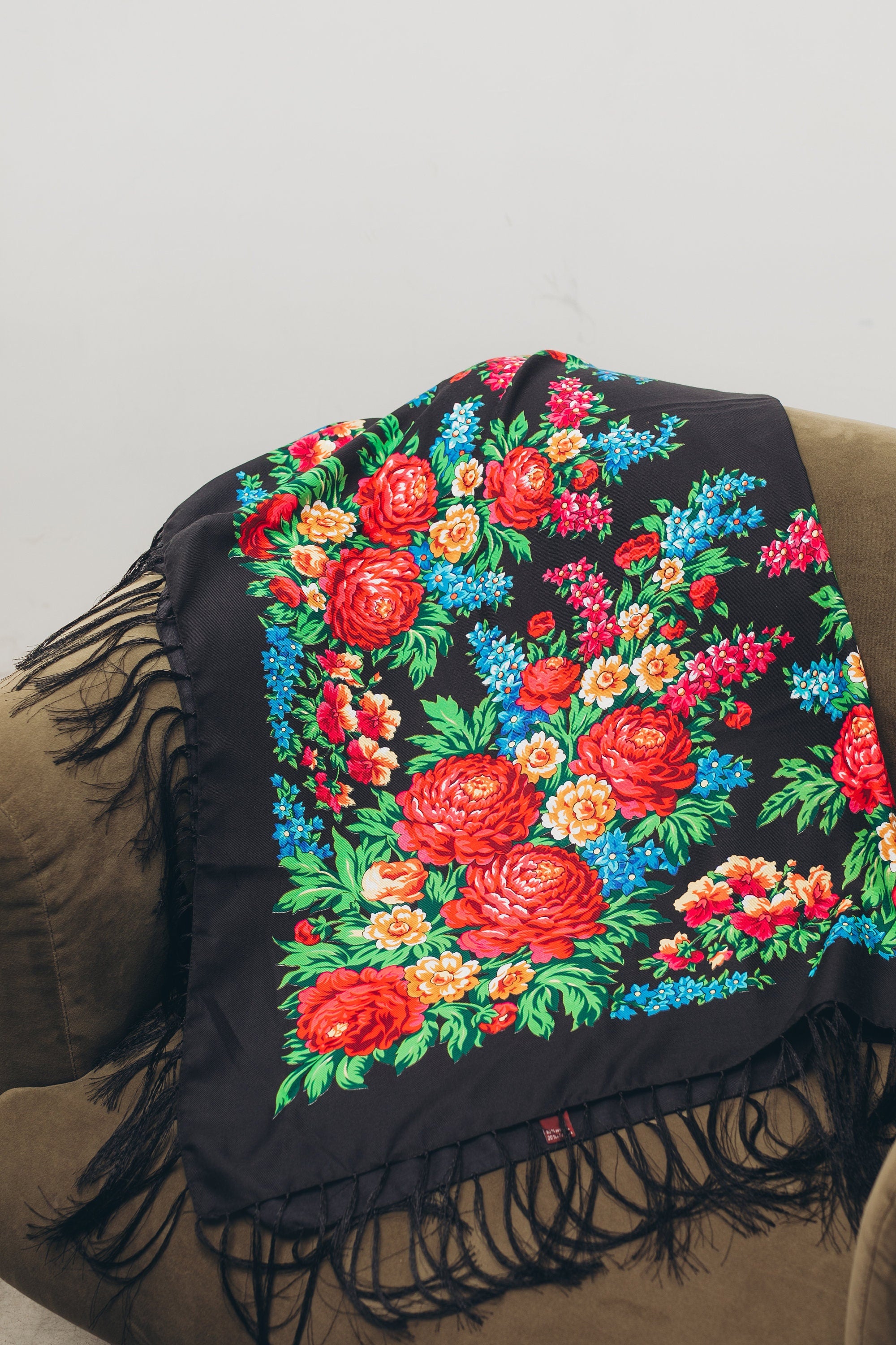 Black Wool Shawl with Slavic Embroidery - Ukrainian Floral Embroidered Shawl, Ethnic Wool Scarf, Perfect Gift for Women, Mom, or Girl