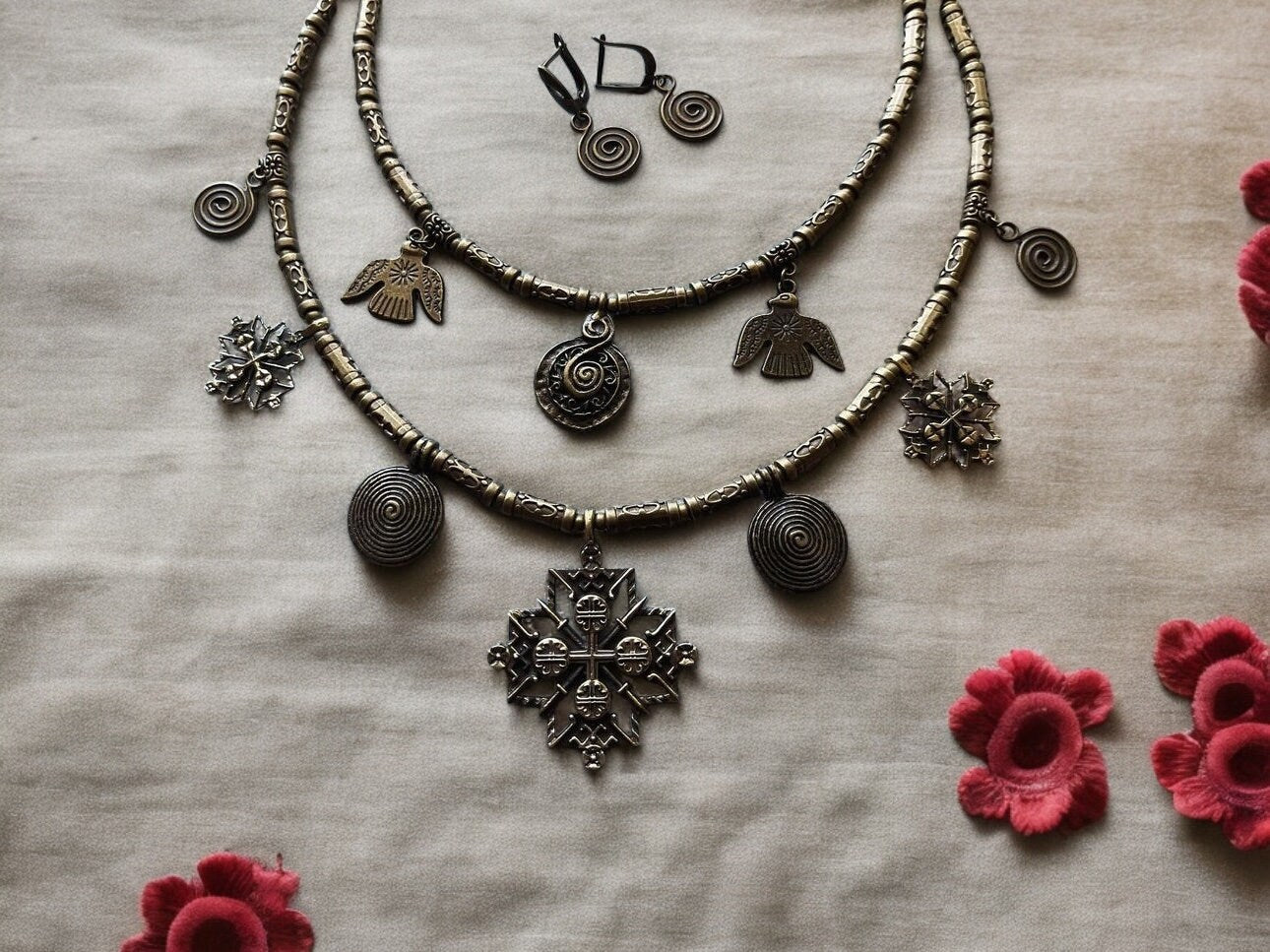 2025 SET Metal Necklace & Earrings - Ethnic Ukrainian Jewelry with Brass Pendants